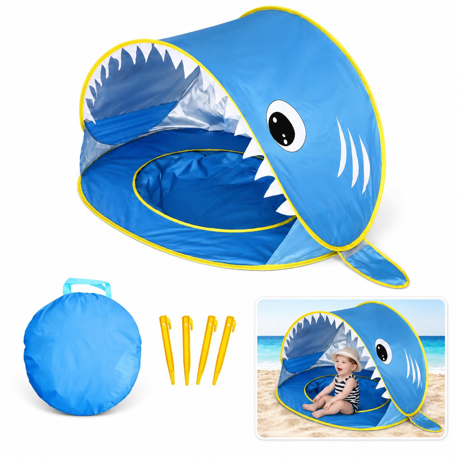 Lafefe Kids Beach Tent Pop Up, Shark Play Tent UV Sun Shelter Polyester Foldable 120×80×70cm Portable Baby Beach Tent for Indoor Outdoor Garden Camping（Blue）
