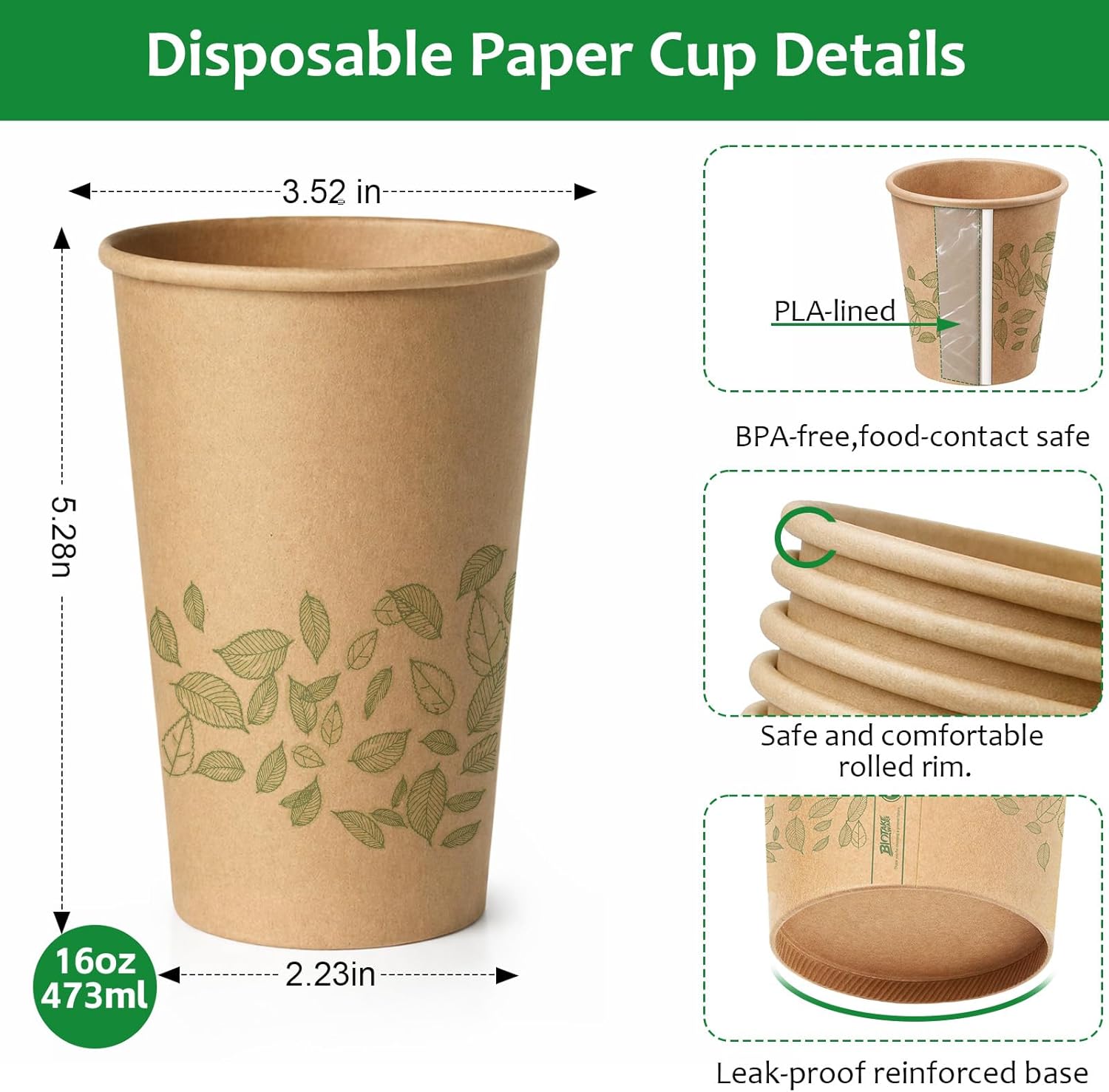 16 oz 100 Count Compostable Paper Cups, BPI Certified Plant-Based Biodegradable Disposable Coffee Cups with PLA Lining, Perfect for Hot & Cold Drinks, Coffee, Party, Office & Daily Use