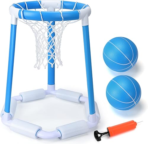 Miniatura 2 de Paquete de 2 aros de baloncesto para piscina, juego de aro de baloncesto junto a la piscina con 2 bolas y bomba, aros de baloncesto de agua,