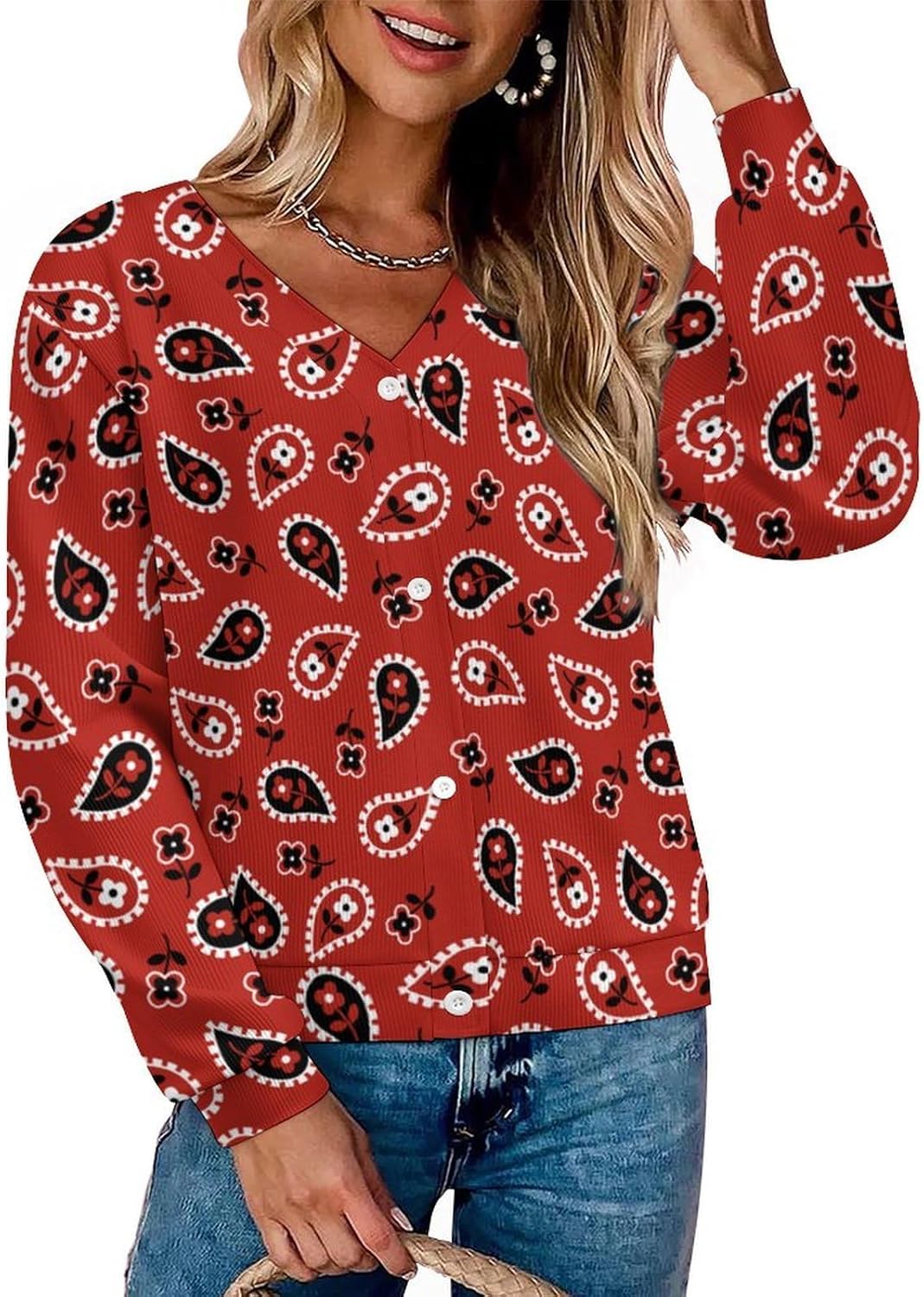 Red Bandana Sweater Woman Cardigan Soft Cover Up Front Open Long Sleeve Hiking Tops Casual Clothes