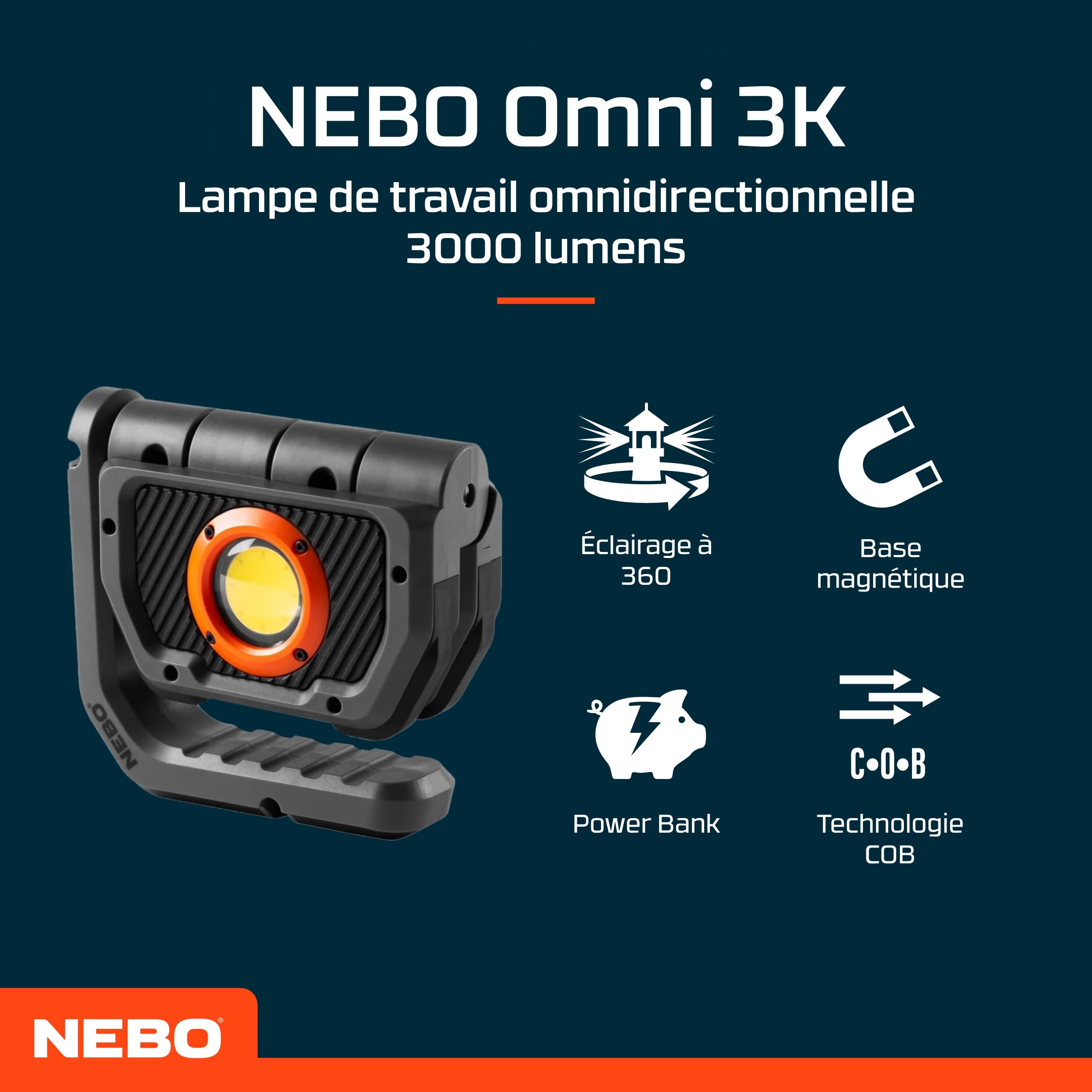 NEBO Omni 3K - Lampe de travail pour les professionnels - Résistante aux chocs et à l'eau - Avec double sortie COB - Torche portable rechargeable USB-C avec poignée magnétique rotative