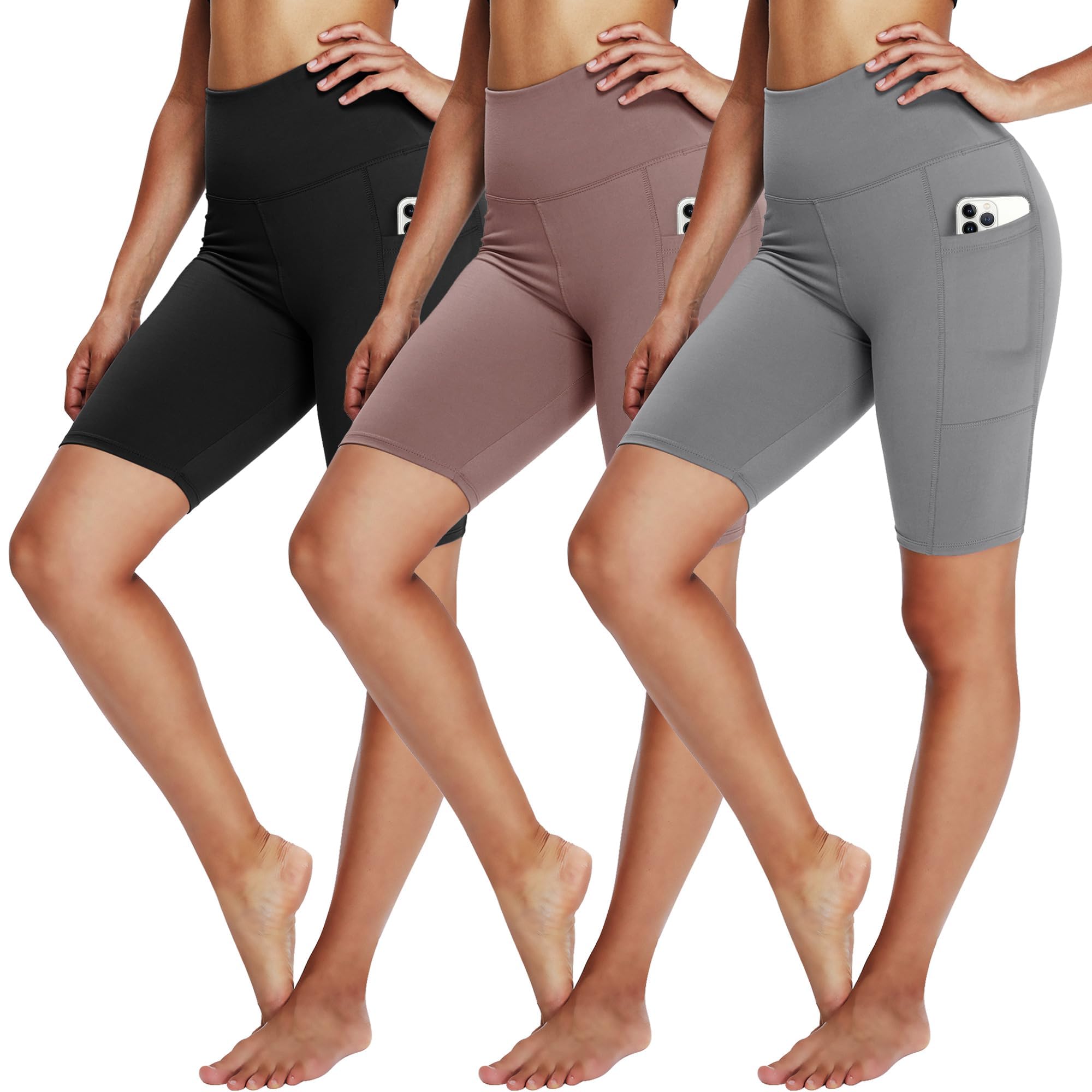 3 Pack Biker Shorts for Women – 8" Black High Waisted Tummy Control for Gym Workout Athletic Cheerleading Yoga