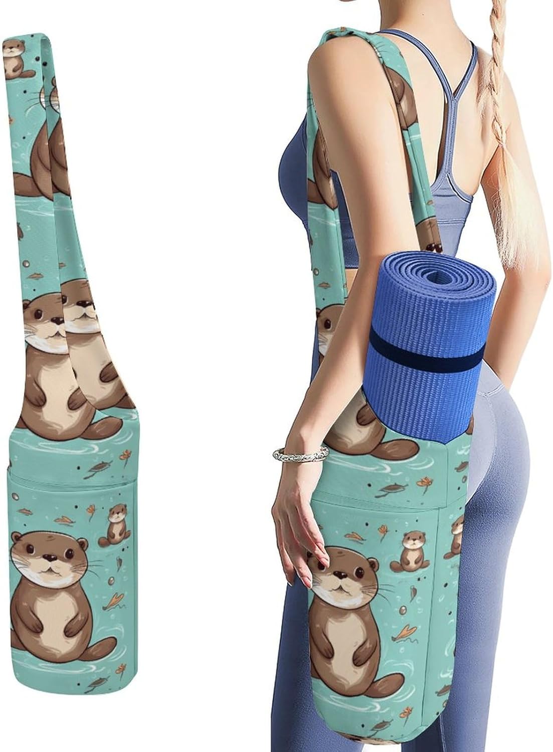 Cartoon Cute Otter Yoga Mat Bag, Durable Canvas Yoga Mat Storage Bag with Water Bottle Pocket And Bottom Wet Bag, Fits Most Size Yoga Mats