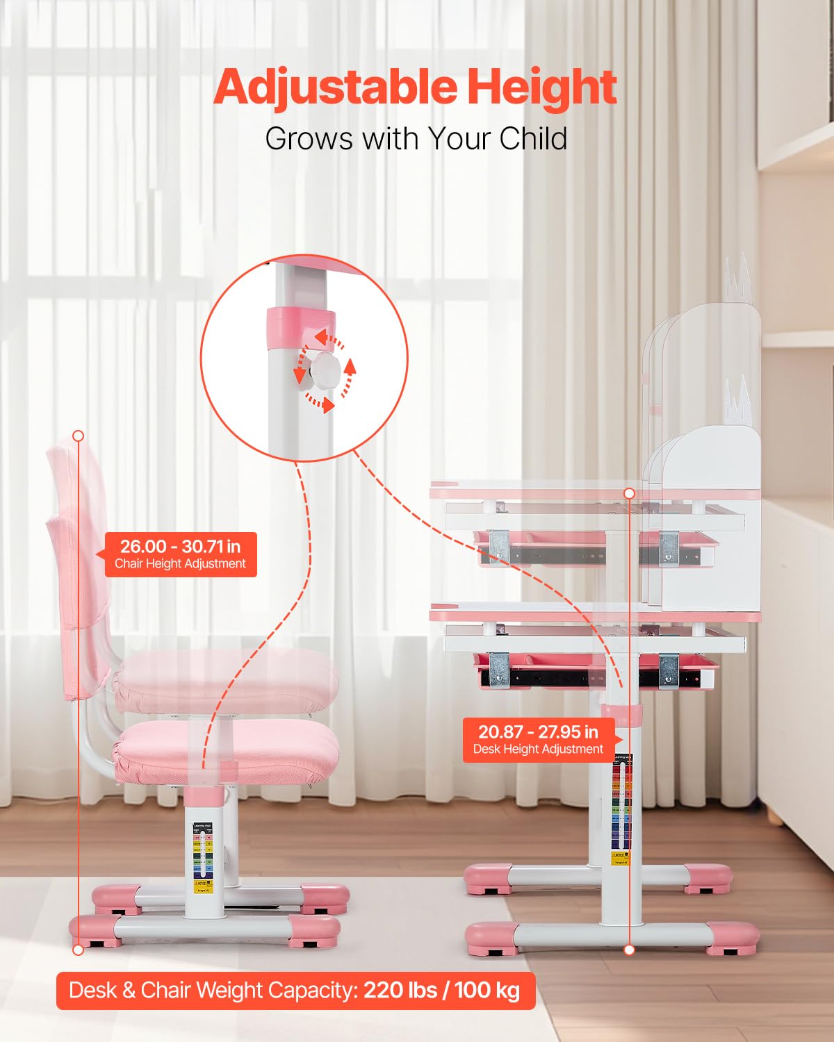 VEVOR Set Scrivania e Sedia per Bambini, Capacità di Carico di 100 kg Tavolo da Lavoro e Sedia per Bambini con Libreria e Cassetto, Regolabile in Altezza, per Camera da Letto e Studio, Rosa