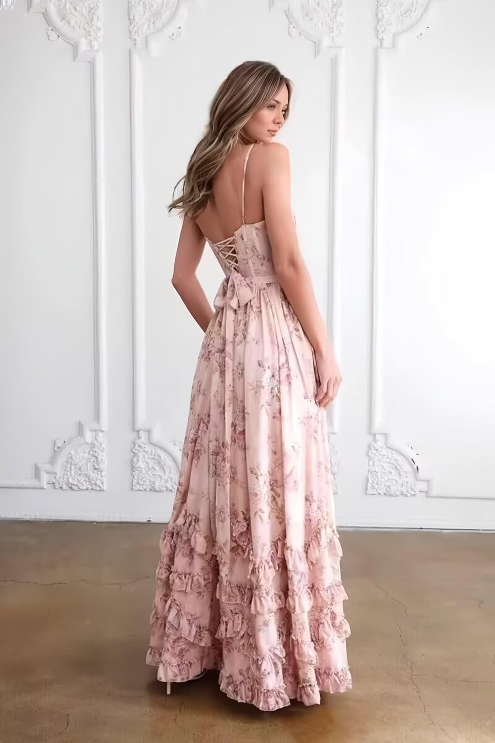 V-Neck Chiffon Floral Printed Bridesmaid Dresses with Slit for Women Long Spaghetti Straps Ruffle Wedding Guest Dress