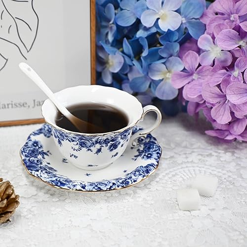 Miniatura 3 de Bone China - Juego de taza de té y platillo, 3 piezas, estilo vintage, juego de taza de té y platillo para mujeres y fiestas de té, caja de regalo