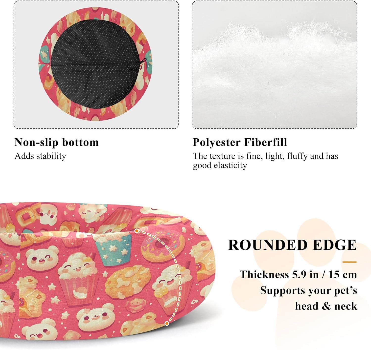 Wudan Pet Cat Bed Calming Anti Anxiety Fluffy Dog Pillow Bed for Medium Size Pets Supplies M Kawaii-Style Cartoon Popcorn with Donut Pink
