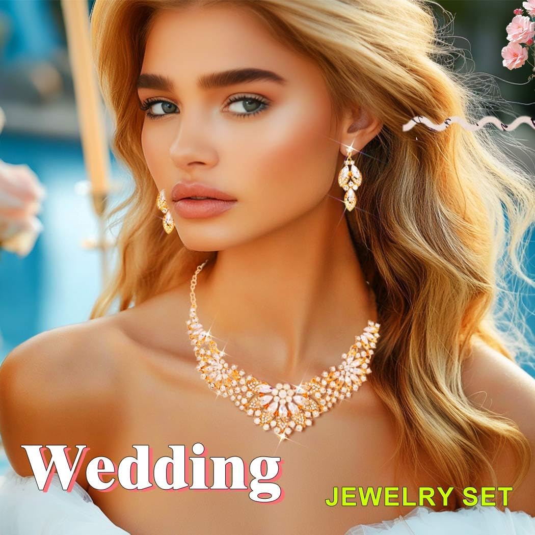 JEWEKY Wedding Jewelry Sets Gold Rhinestone Necklace Earrings Set Formal Costume Jewelry for Women - Image 5