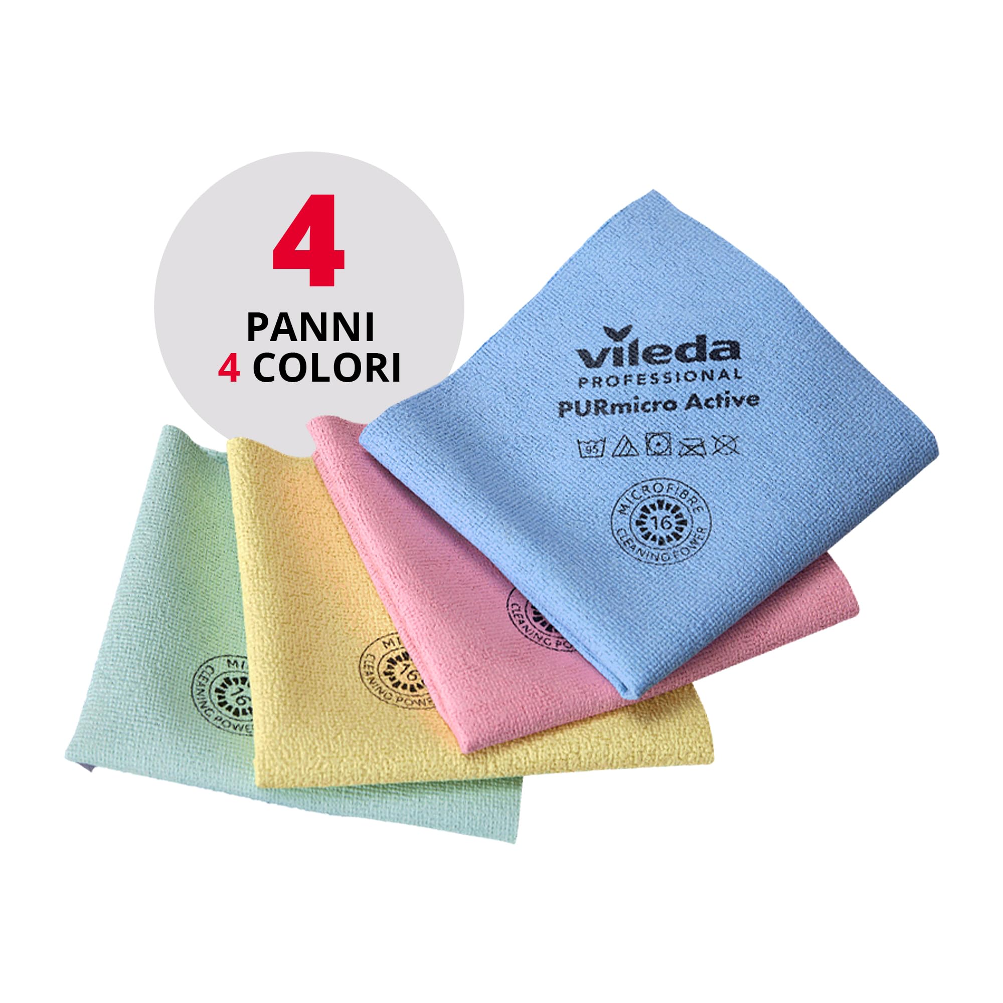 Vileda Professional, Panno PurMicro Active, Multicolore, 4u, Microfibra alte prestazioni, Rivestimento PUR, Antimacchia superfici lisce, Vetro e Inox, Alta assorbenza, Durevole, 38x35cm