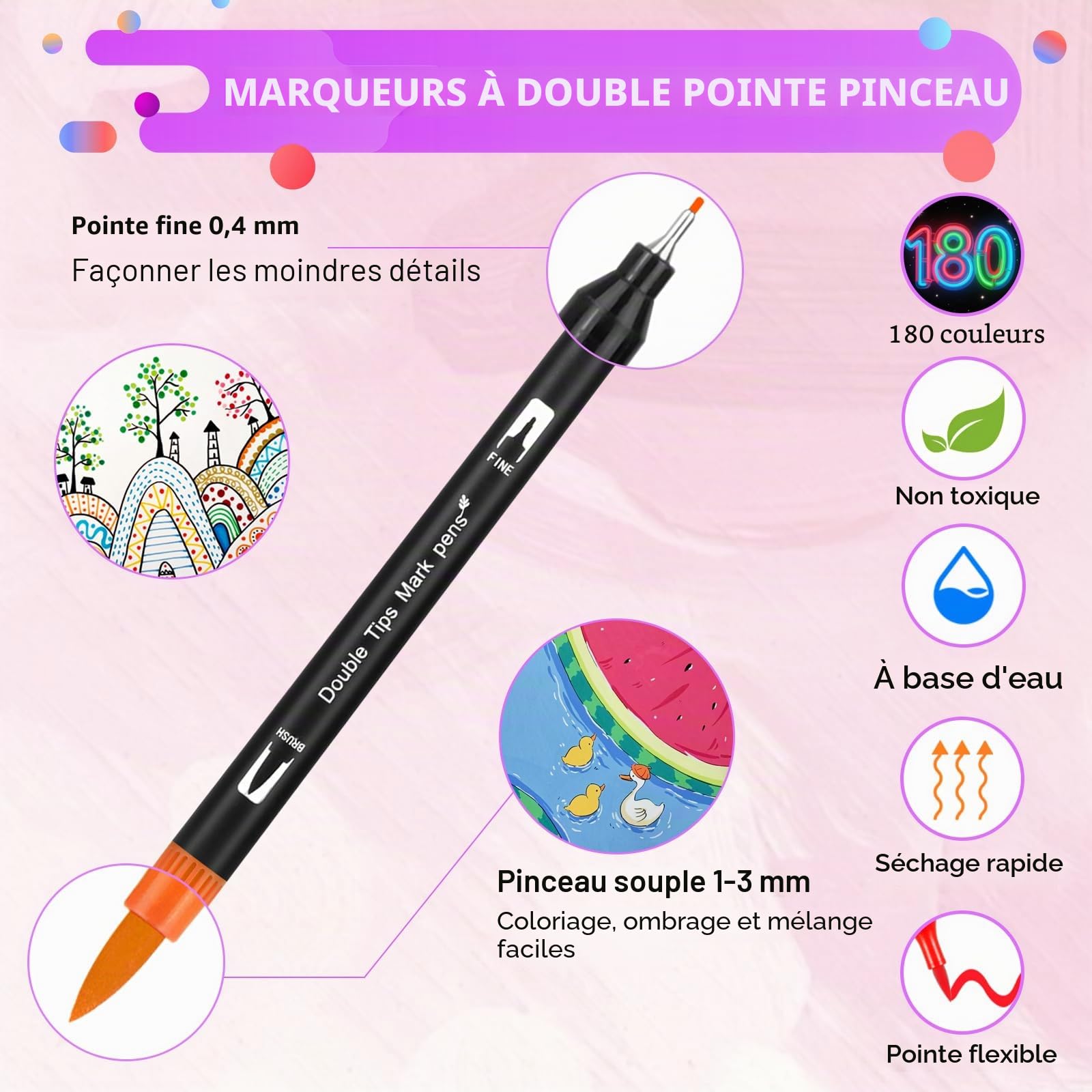 180 Couleur Feutres Coloriage Adulte Double Pointe Fine & Pinceau