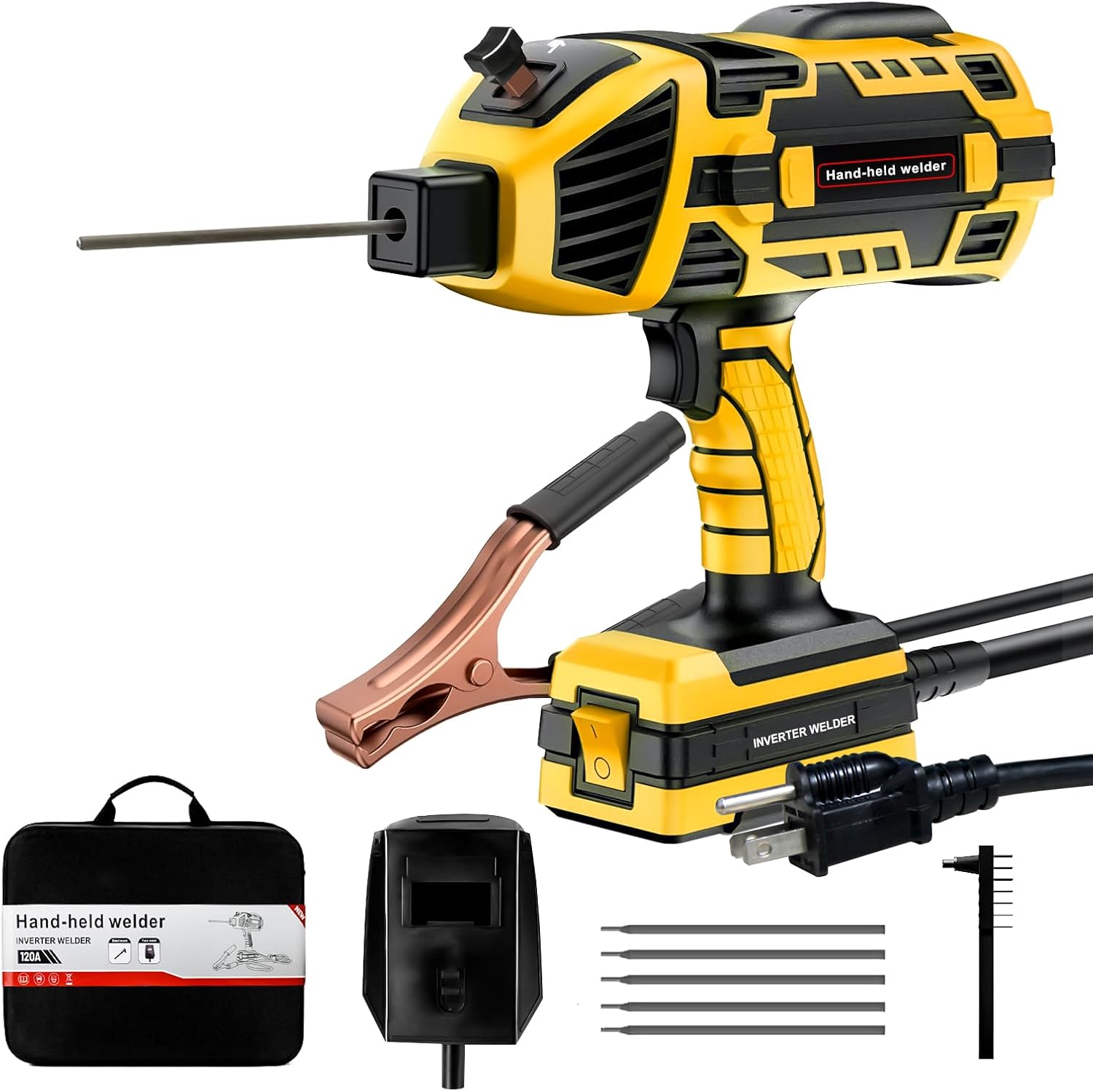 Handheld Welding Machine 110V 120A Portable Electric Welding Machine, IGBT Inverter Stick Welder with 6 Variable Current Adjustment for 3/32"-1/8" Welding Rod Tool Yellow