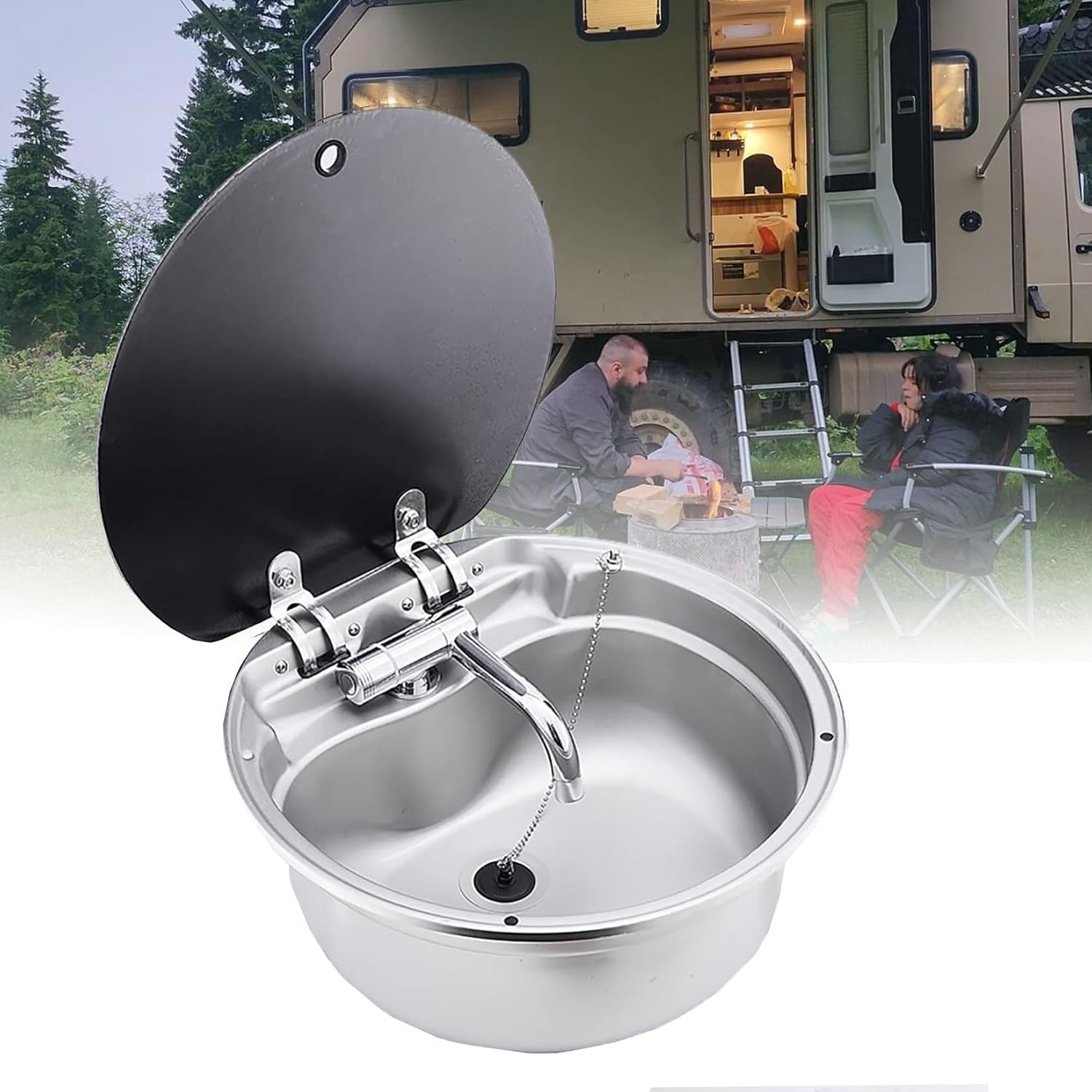 Fregadero de acero inoxidable para caravana, lavabo redondo con grifo plegable y tapa, para cámper, caravana, bar húmedo, cafeterías