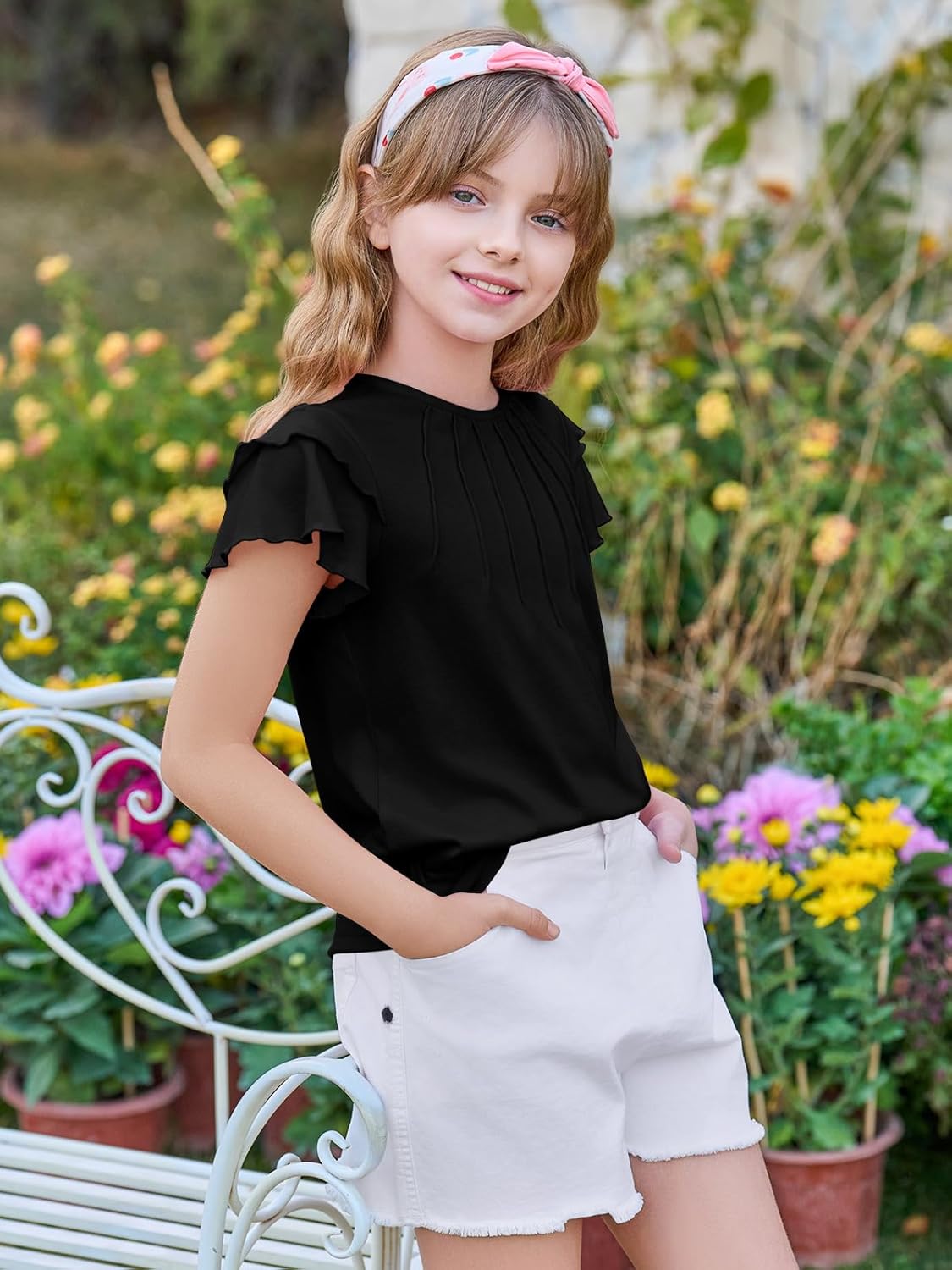 Haloumoning Girls Pleated Ruffle Short Sleeve Shirts Kids Summer Crewneck T-Shirts Fashion Tops Tees 5-14 Years - Image 3
