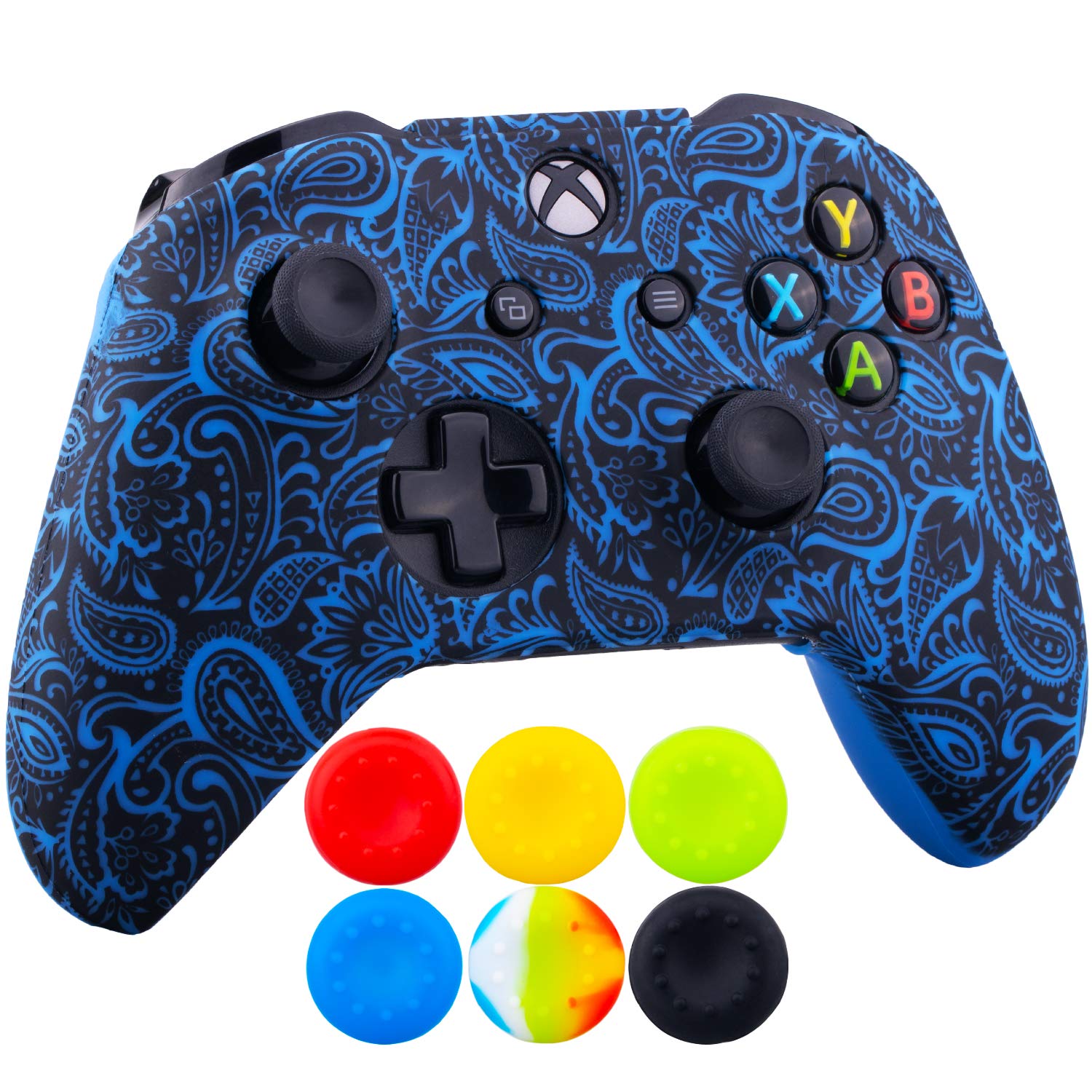 1 x Silicona Transferir Impresión Protector Cubrir Piel + 6 Apretones de Pulgar y Tapones a Prueba de Polvo para Xbox One/S/X Mando Follaje Azul