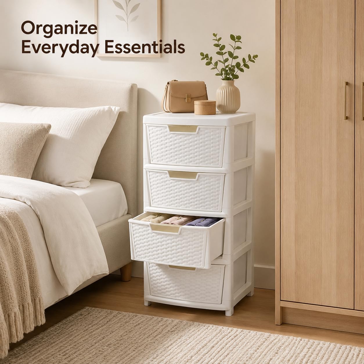 Kaanco Large Plastic Storage Drawers Rattan Effect Storage Unit Tower Space Saving Plastic Drawers for Bedroom Office Kitchen Laundry Bathroom Clothes Toy Home Organisation (4 Tier Rattan White) - Image 5