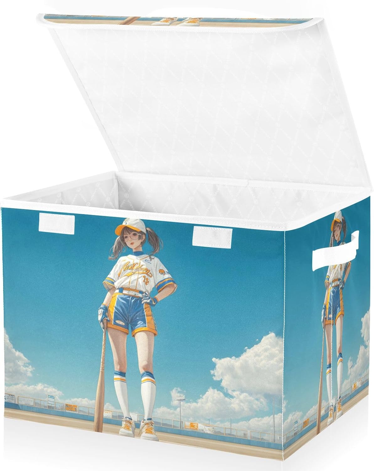 Anime Woman Baseball Foldable Storage Bins with Lids & Handles Foldable Storage Boxes with Flip-Top Lid for Home Office 16.5” x 12.6” x 11.8”
