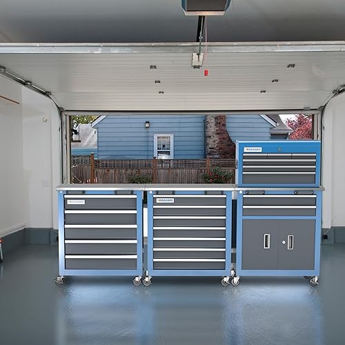 Miniatura 8 de LARBANKE  Combinación de 3 cofres de herramientas, rodante con encimera de acero inoxidable, gabinete con hebilla de conexión, ruedas y almohadillas