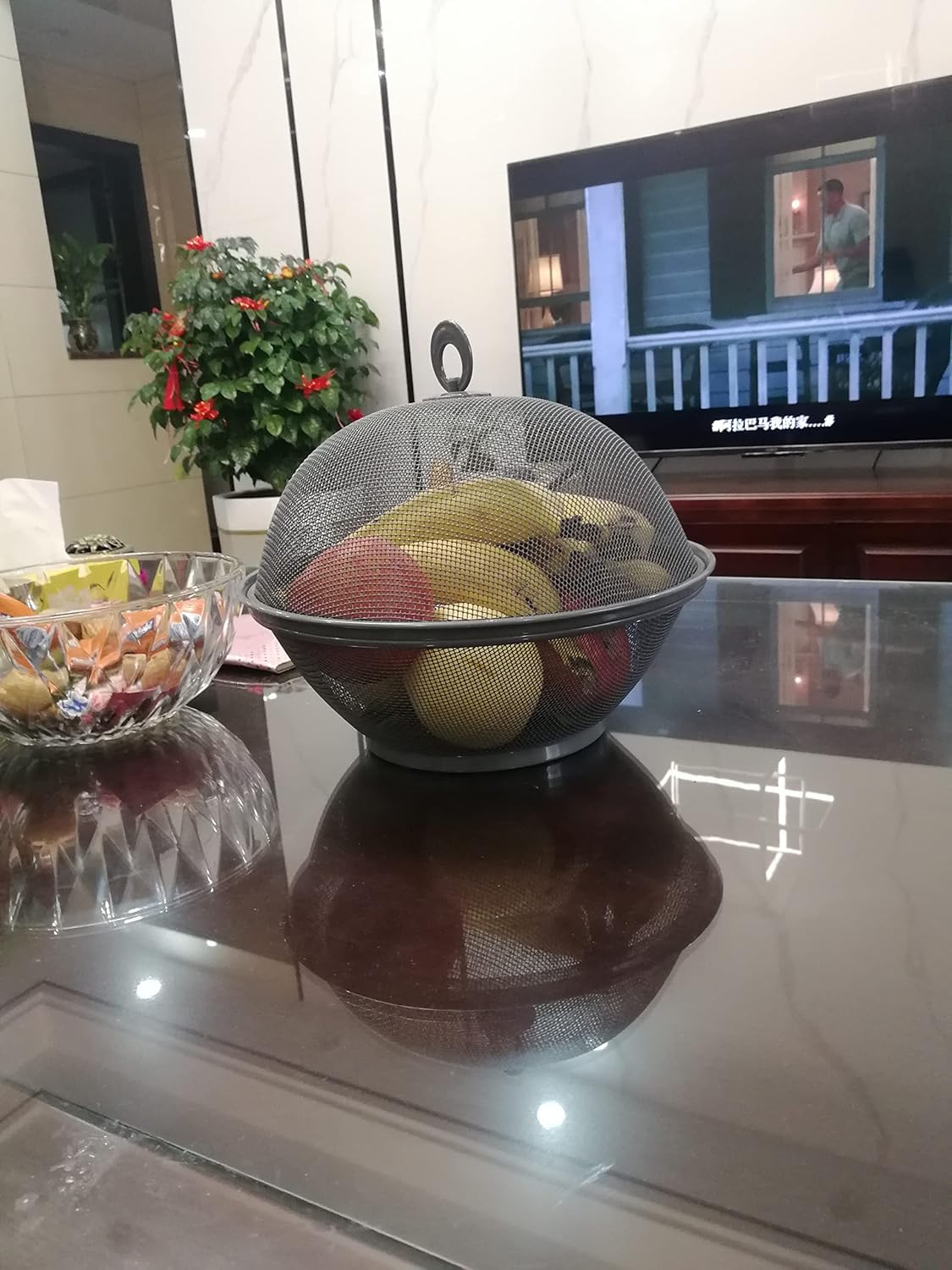 Fruttiera con Coperchio,Portafrutta in Metallo con Rete Traspirante per snack，cesto di frutta con coperchio in rete cesto di frutta con coperchio per ornamenti da cucina P27xL27xH24 cm (grigio)
