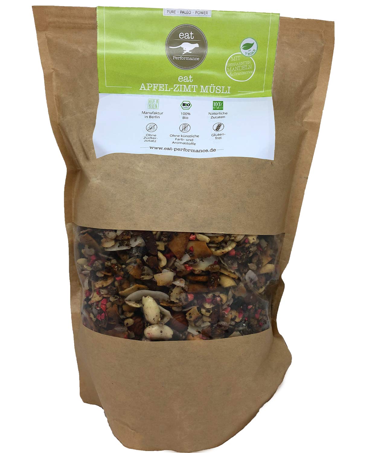 eat Performance® Muesli de manzana y canela (3 x 1000 g) – cereales Paleo con proteínas de ingredientes 100% orgánicos naturales I Sin gluten, sin cereales, vegano y sin azúcar añadido
