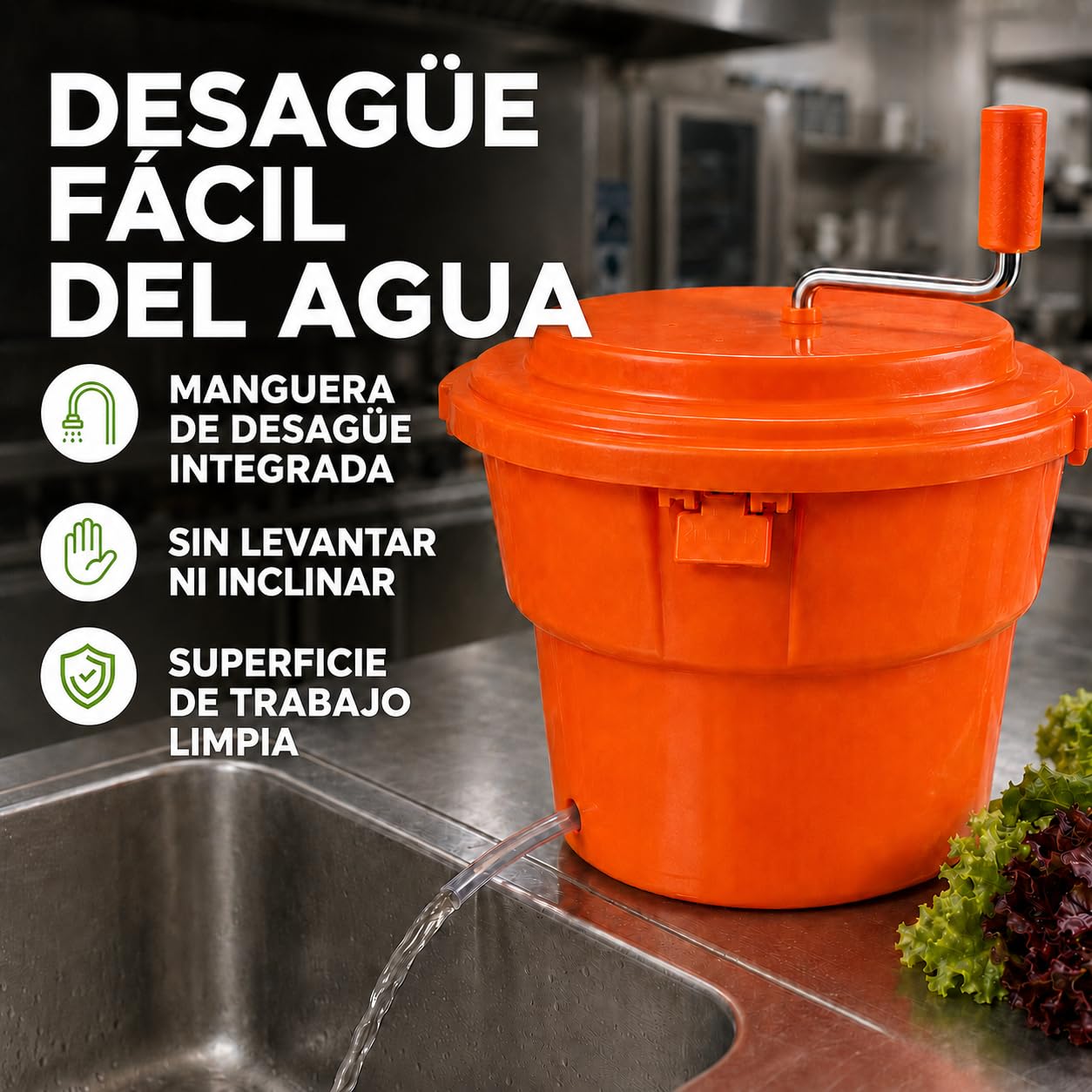 Centrífuga para Lechuga 25 litros, plástico Naranja, Ø 44 cm con Eje de transmisión Protegido, función de empaquetado y Manguera de desagüe, gastronomía, restaurantes escurridor de Ensalada