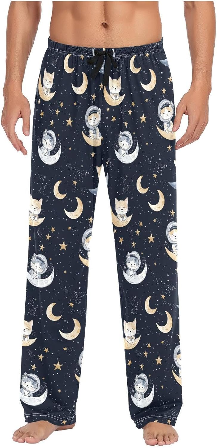 ZZKKO Mens Lounge Pajama Pants for Men Starry Sky Astronaut Cat Men's PJ Bottoms Lounge Sleepwear With Pockets Drawstring Long Pants 100% Cotton XL