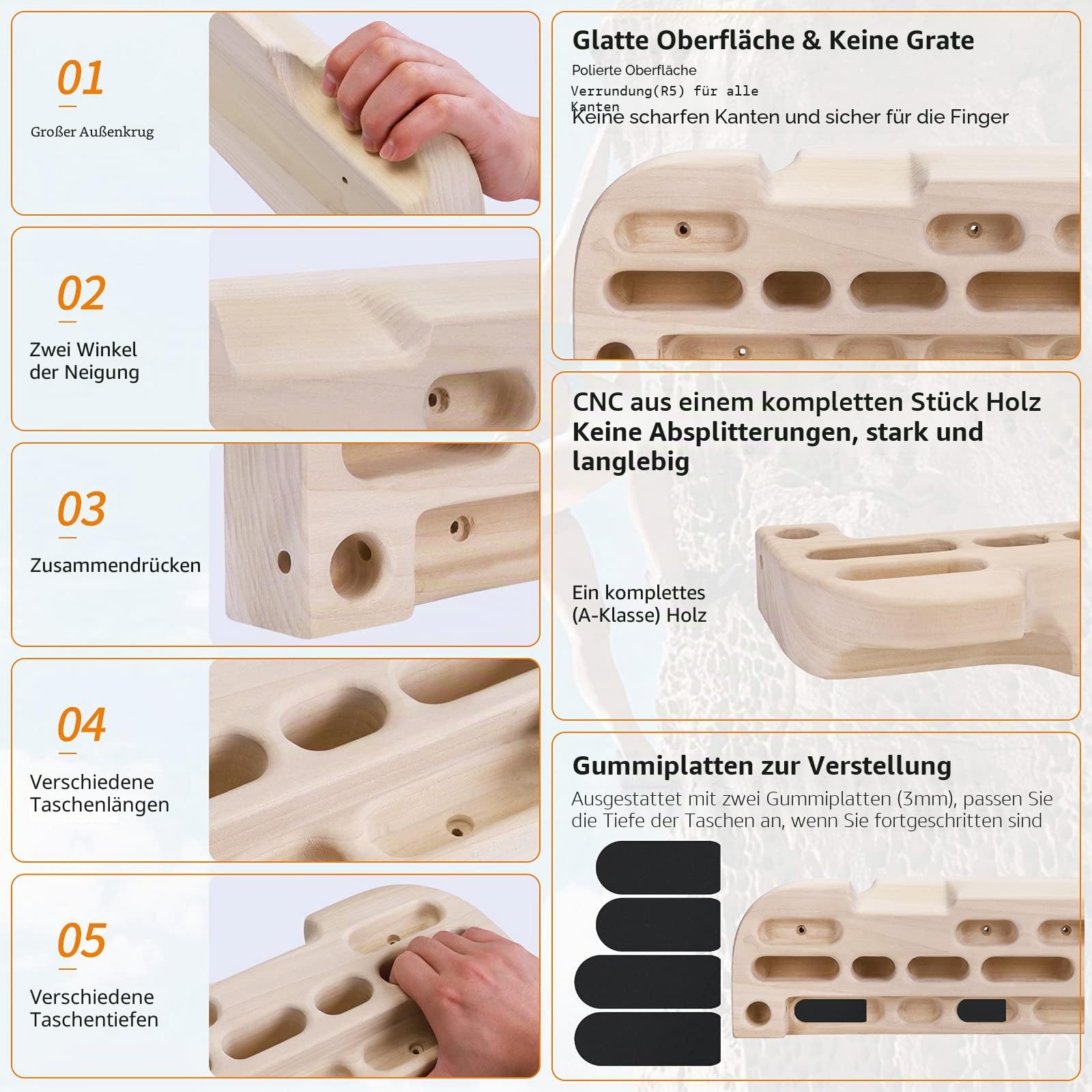 TWO STONES Kletter-Hangboard Klettertraining als Klettergriffbrett mit Griffen, Schrägen und Kanten, Taschen und Handyhalterung CJ-HB2049