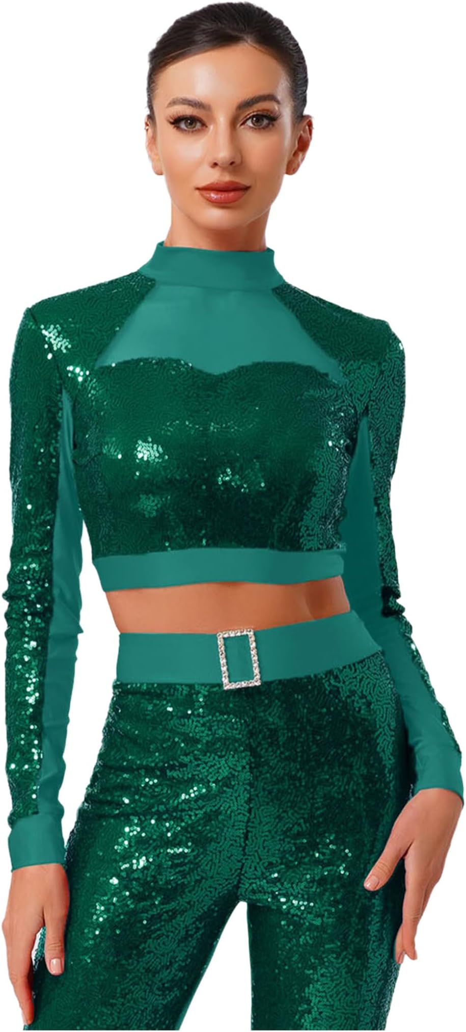 Womens Glittery Sequin Dance Crop Top Mesh Patchwork Back Hollow Out Tops Dancewear