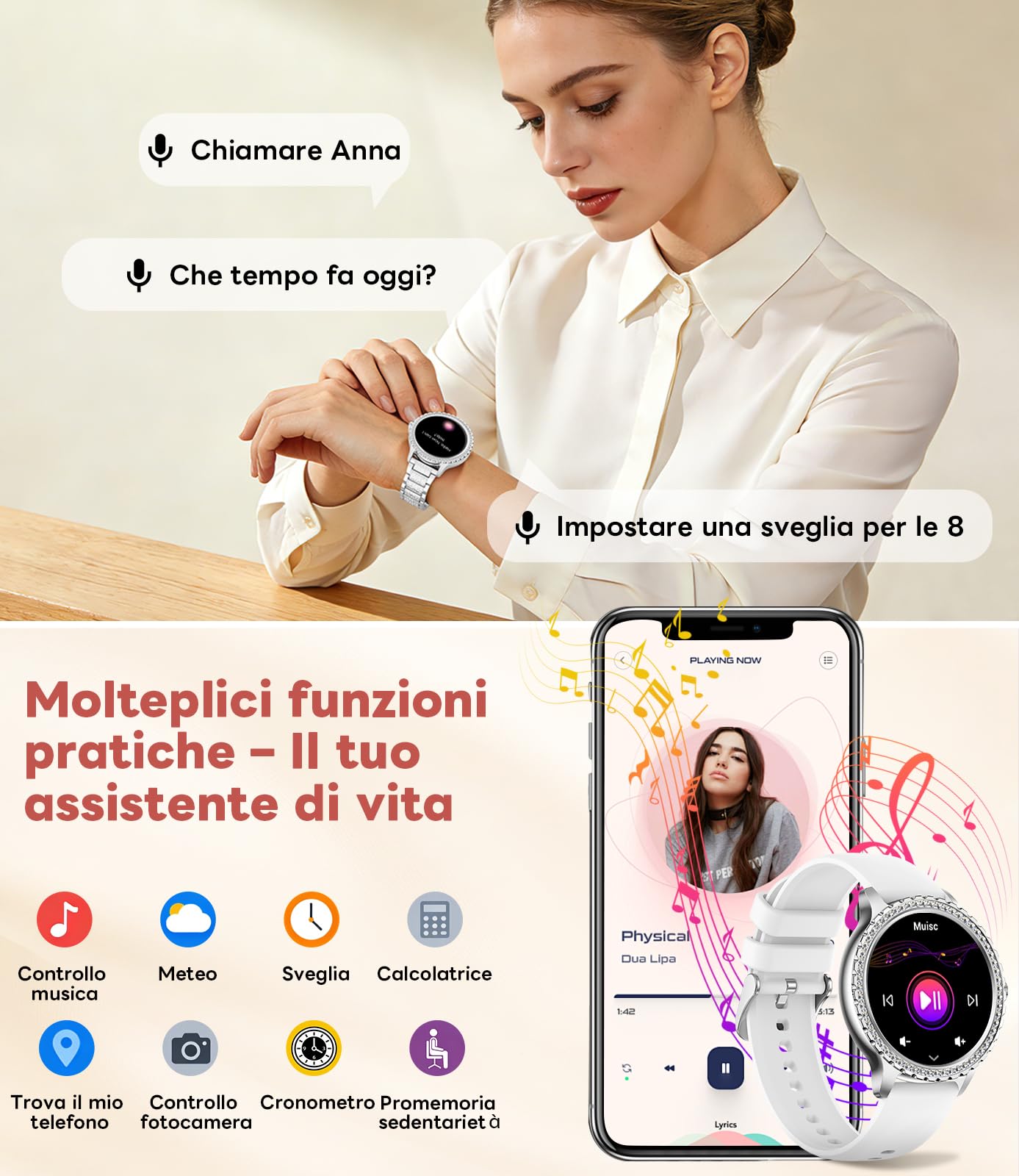 LIGE Smartwatch Donna, 1.32" Diamante Orologio Smart Watch, Argento | 500+ Quadranti, IP68 Impermeabile, Monitoraggio Sonno, Frequenza Cardiaca, 100+ Sports, Cinturino in Acciaio Inossidabile