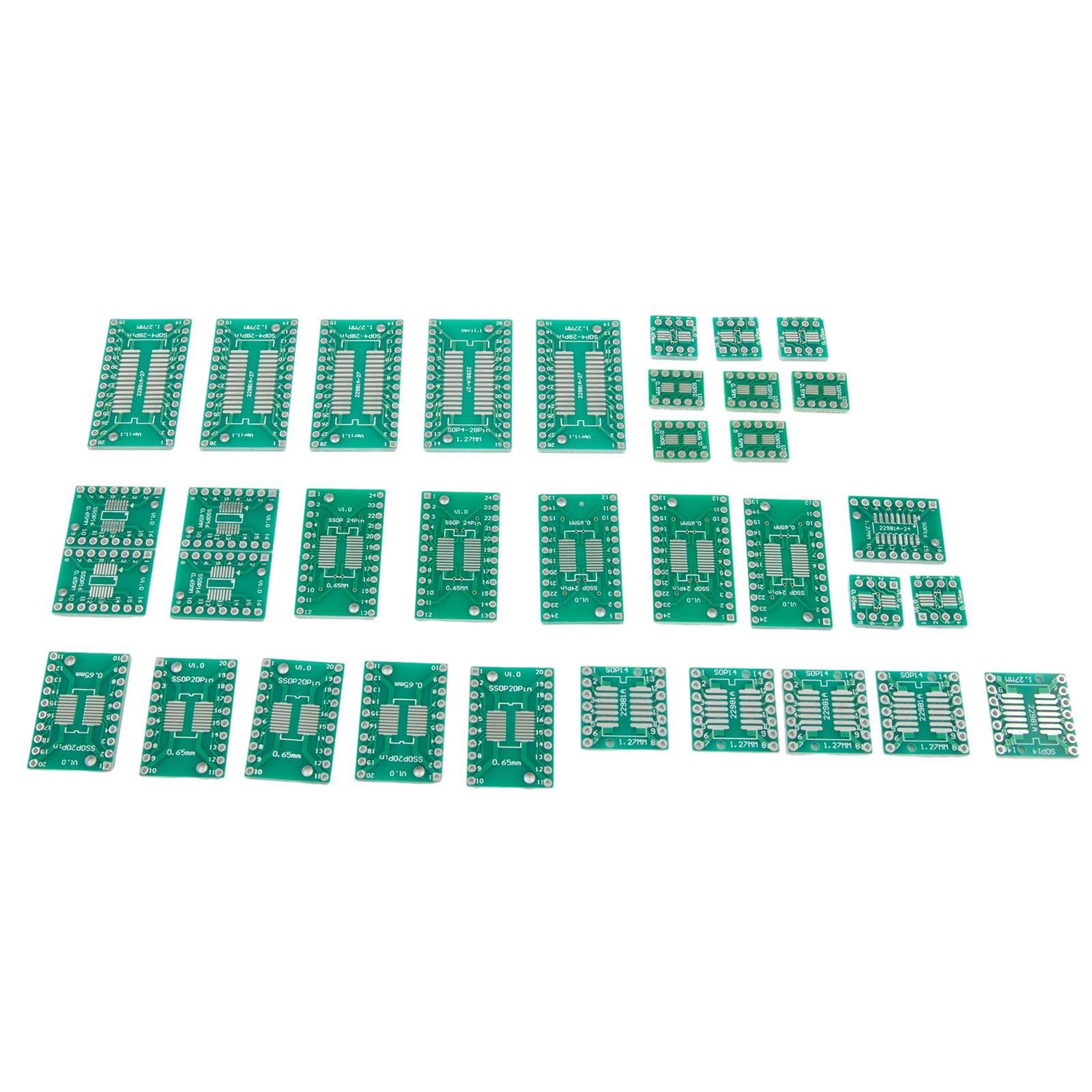 Kit adattatore PCB da 35 pezzi, per scheda convertitore da SMD a DIP per SOP MSOP SSOP TSSOP SOT23 8-28 pin, assortimento di test verdi