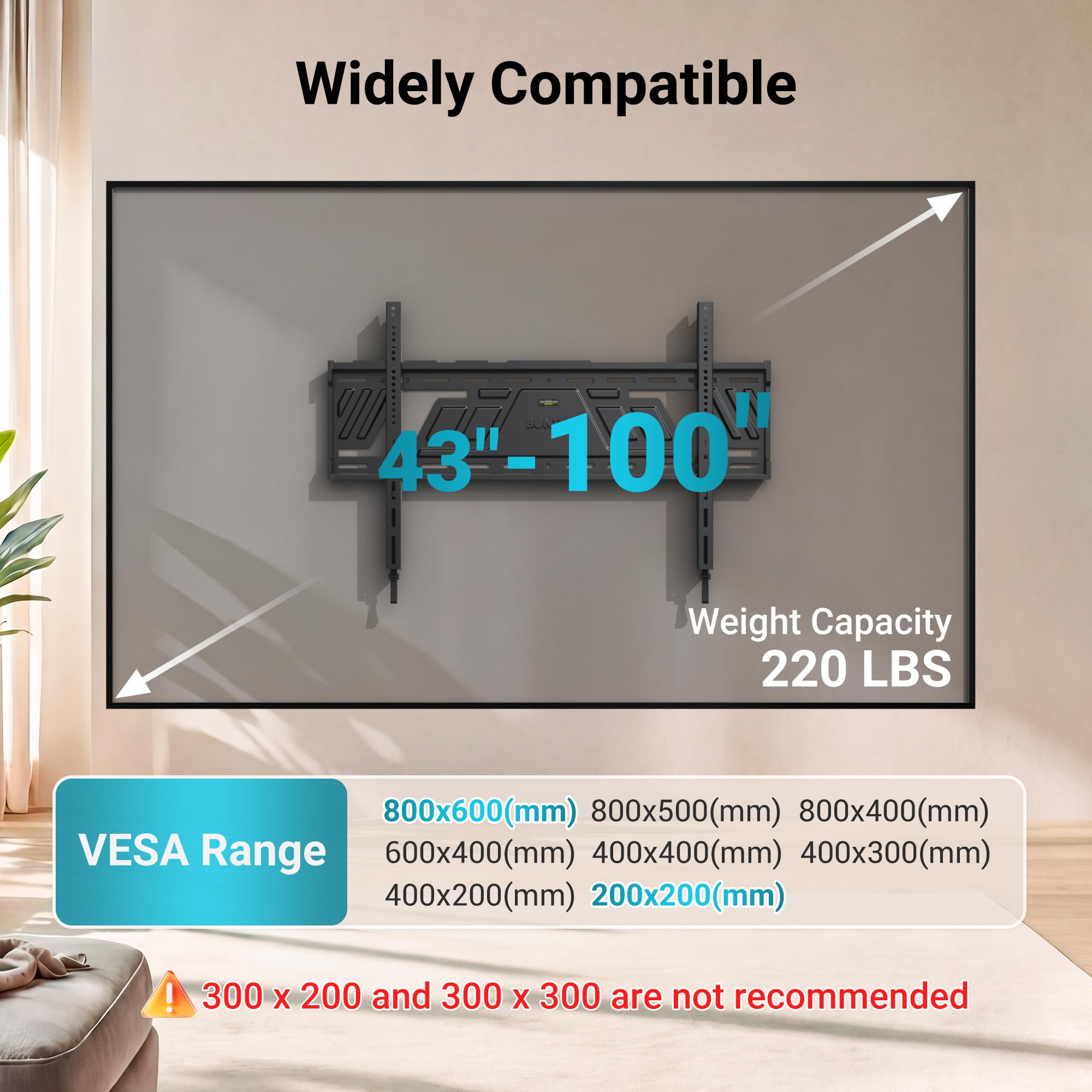BONTEC Wytrzymały uchwyt ścienny do telewizorów z płaskim ekranem 43-100 cali, smukły, niskoprofilowy, odpowiedni do drewnianych odstępów między słupkami 16/24/32 cali, maks. VESA 800 x 600 mm, do 100