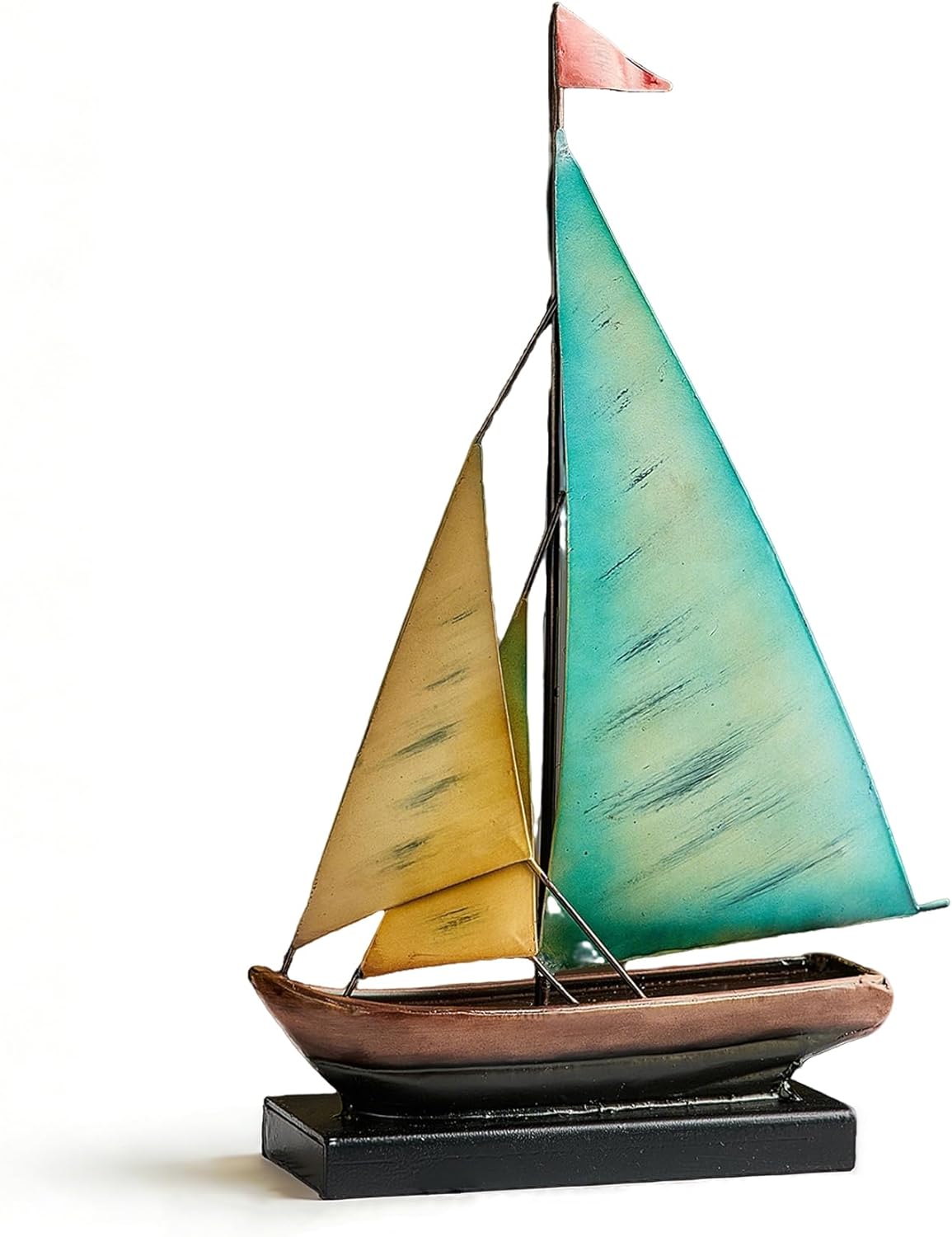Octdays Metal Sailboat Sculpture, Modern Iron Boat Statue Home Decor for Living Room Bedroom Office Entryway Fireplace, Handmade Nautical Art Ornament (Yellow and Blue Sailboat)