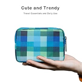 E-Tree Cute Small Makeup Bag,Cosmetic Toiletry Make up Little Items Pouch for Purse,Zipper Mini Tech Charger Cable Electronic Organizer Case,Travel Accessories for Women Men Teen,Blue Checkered