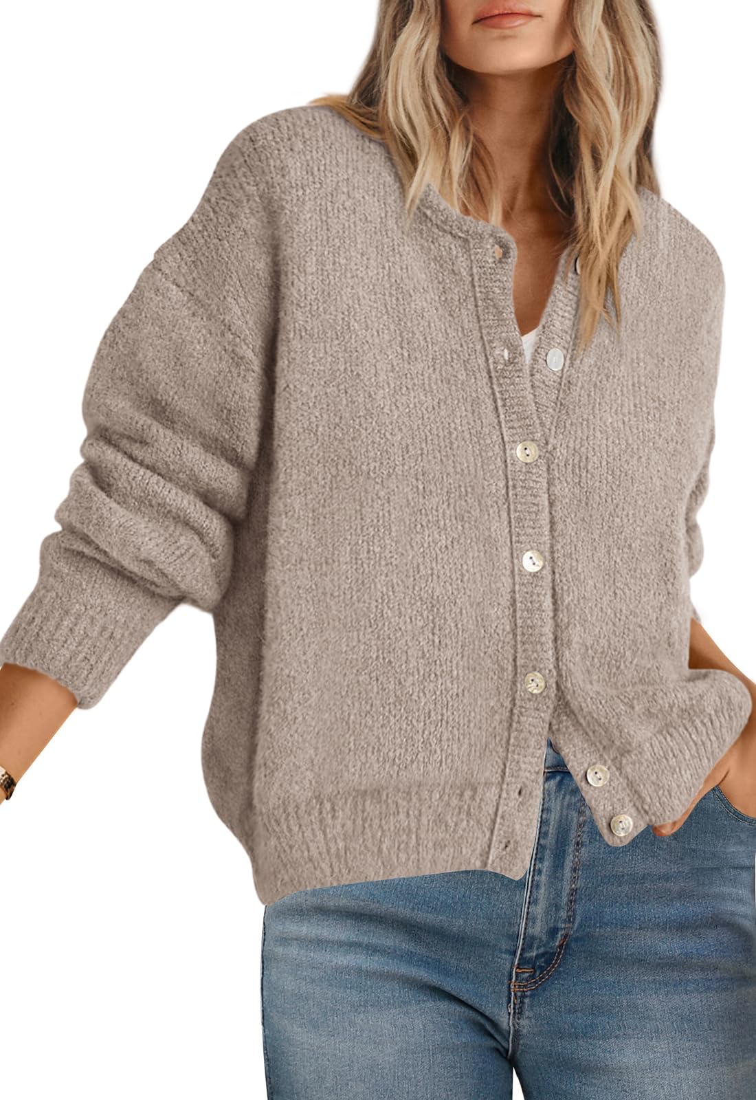 PRETTYGARDEN Long Sleeve Crewneck Button Down Womens Sweaters Spring Open Front Chunky Cardigan Sweaters for Women