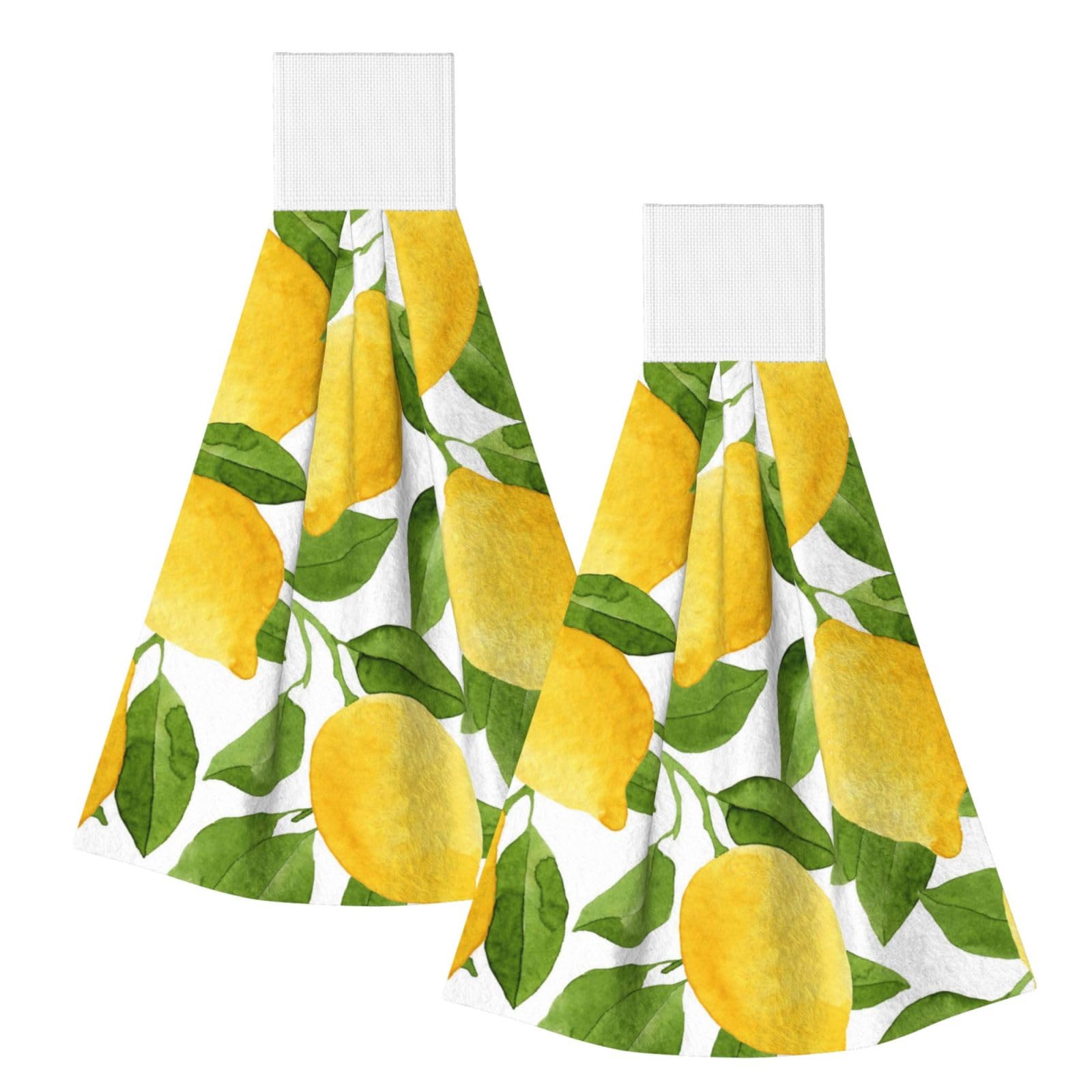 DOPKLNA Bright Yellow Watercolor Lemons, 2 Pcs Hanging Coral Fiber Hand Towels for Bathroom, Absorbent Kitchen Towels