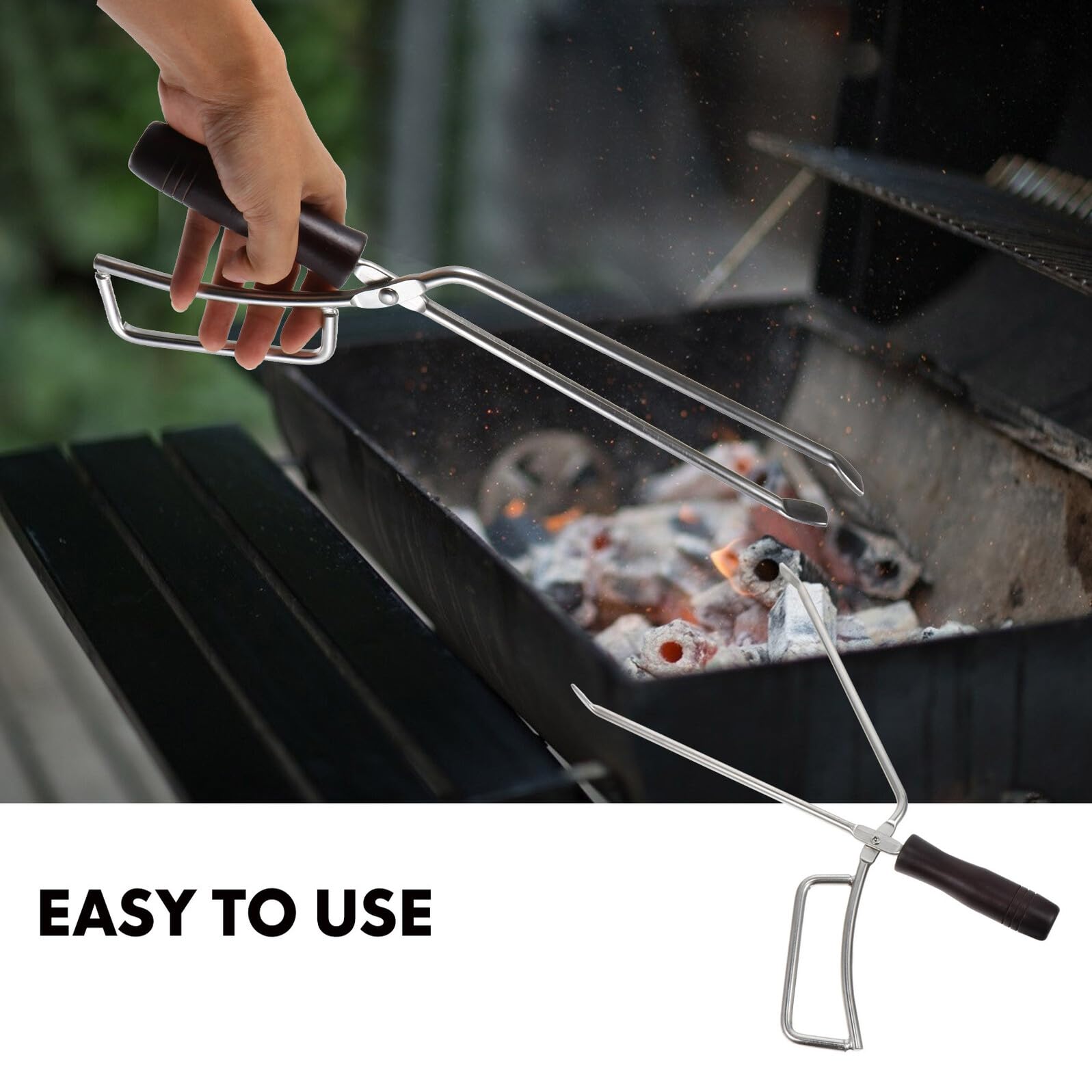 Pinza para Carbón de Acero Inoxidable Mango de Madera, Extensión Larga | Decoracion Verano, Pinza para Barbacoa al Aire Libre, Abrazadera de Carbón Extendida, Parrilla Barbacoa Carbon