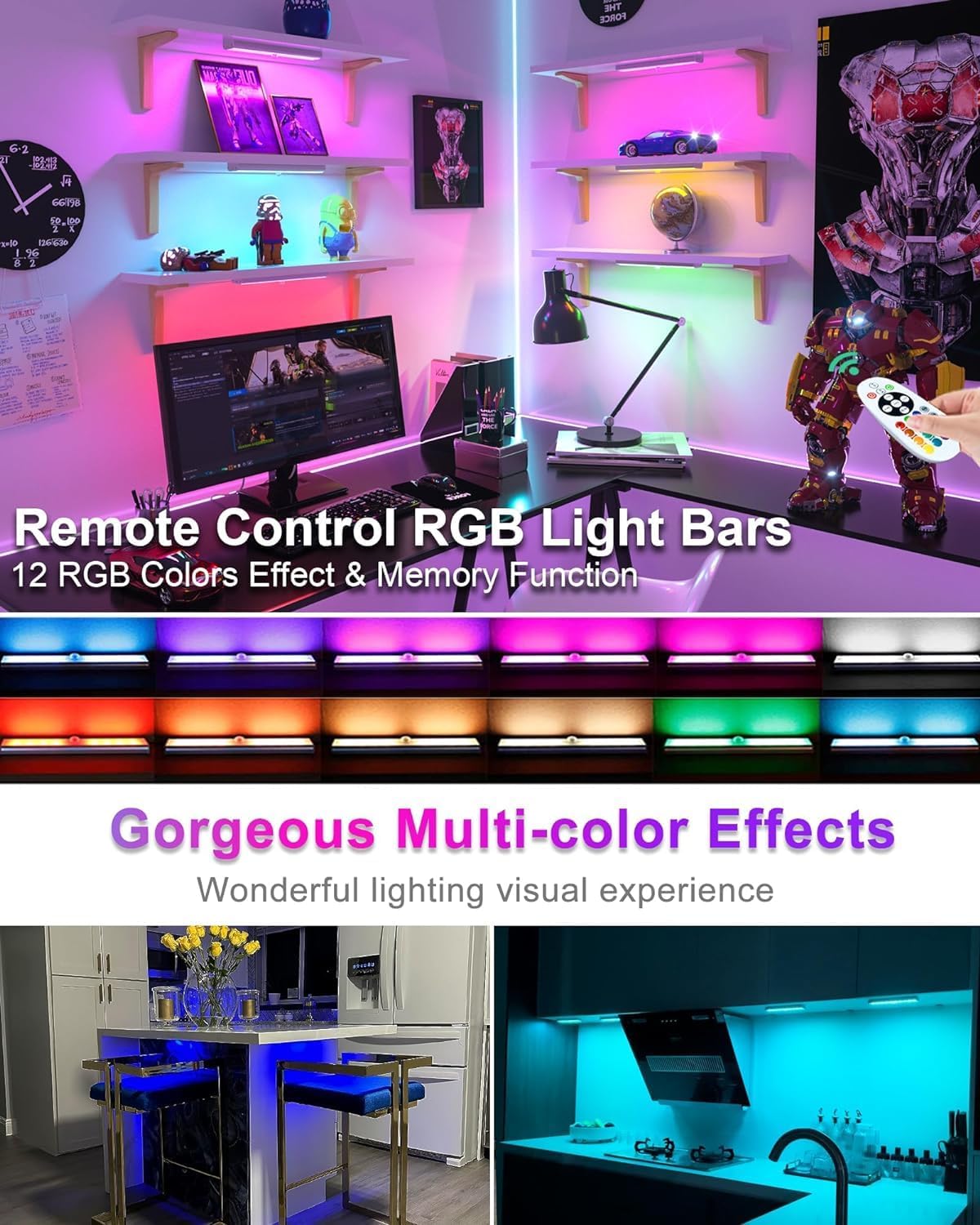 Luci da incasso senza fili, 58 LED ricaricabili con sensore di movimento e telecomando, luci RGB che cambiano colore sotto il bancone per cucina, dispensa, camera da letto, scale, confezione
