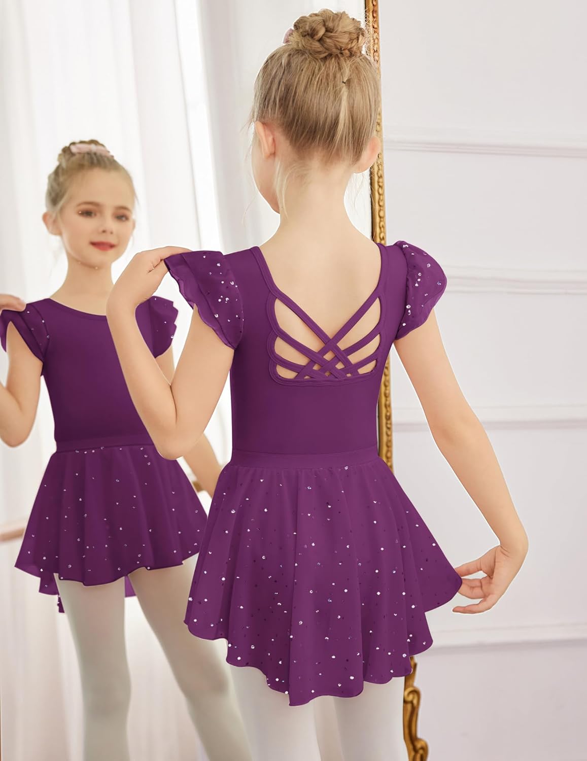Zaclotre Ballet Leotards for Girls Toddler Ruffle Sleeve Crisscross Back Dance Dress Outfit with Removable Skirt Combo - Image 4
