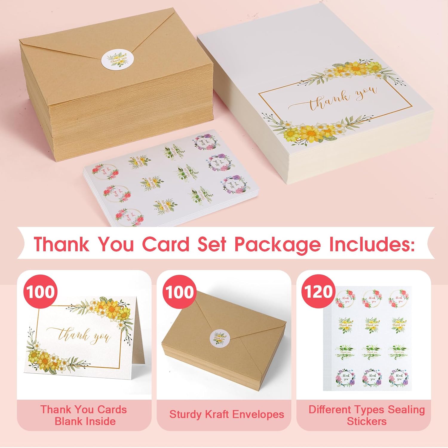 100 Pack Sunflower Thank You Cards Bulk, 4.1x5.8 Inch Thank You Cards with Kraft Envelopes & 120 Stickers, Blank Greeting Notes Set for Wedding, Bridal Shower, Baby Shower (Yellow)