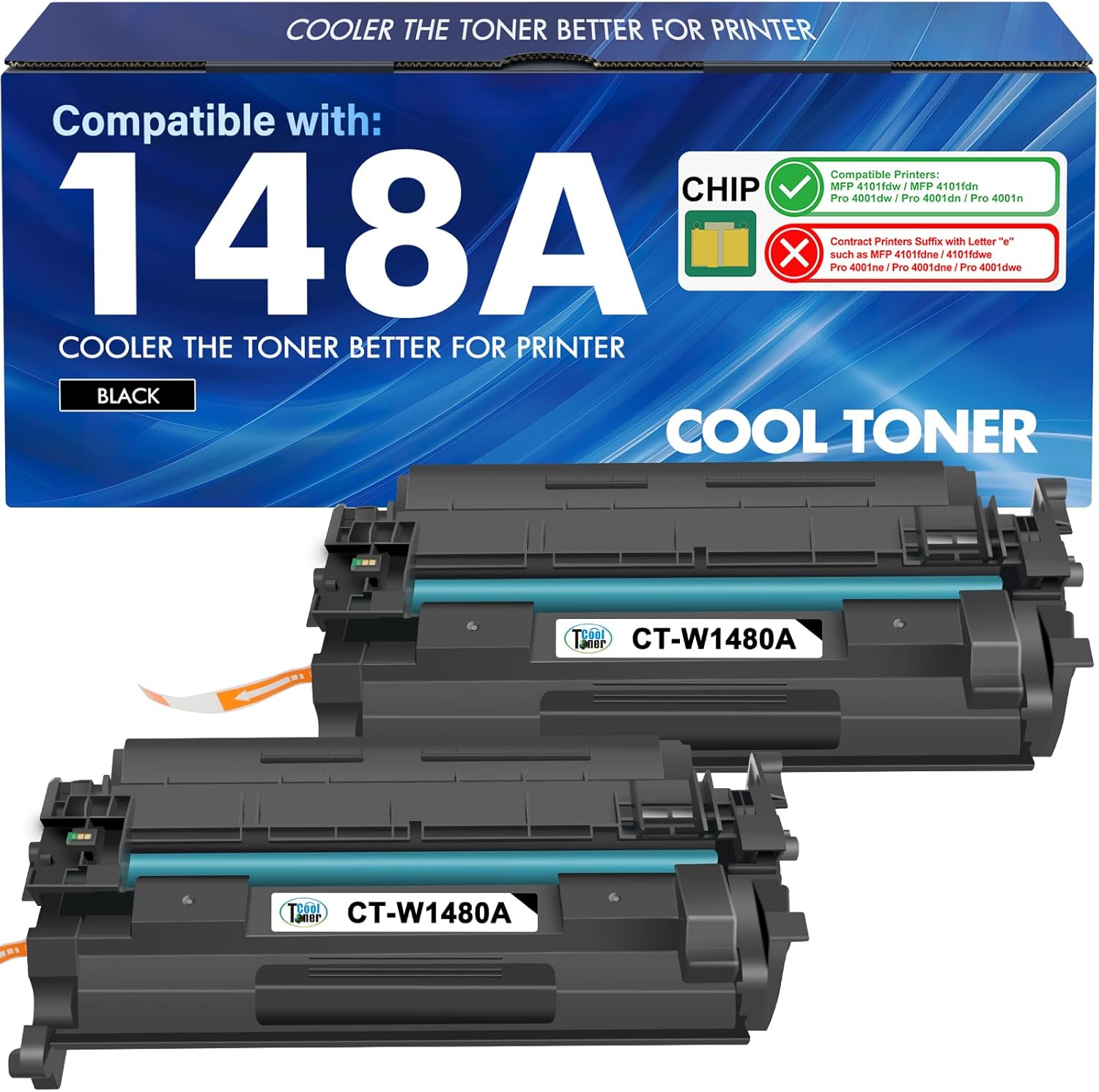 148A Toner Cartridge Black 4001n 4101fdw W1480A 148X Compatible Replacement for HP 148 148A W1480X for HP LaserJet Pro MFP 4101fdw 4101fdn Pro 4001dw 4001dn Printer Ink (2 Pack with Chip)