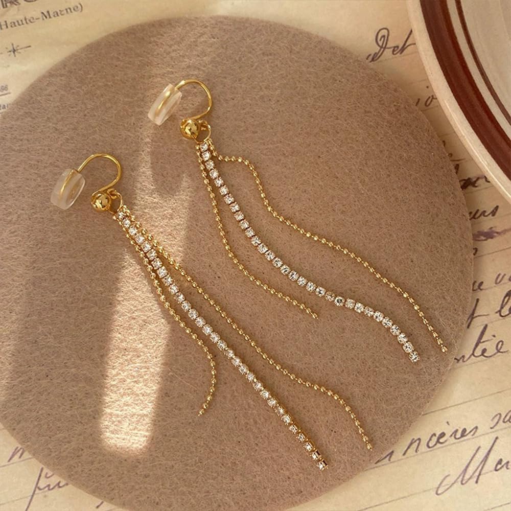 Silver Tassel Clip On Dangle Earrings for Women Long Gold Chandelier Dangling Earring Dangly Drop Clip-On Unpierced Rhinestone Hanging Earings Jewelry - Image 3