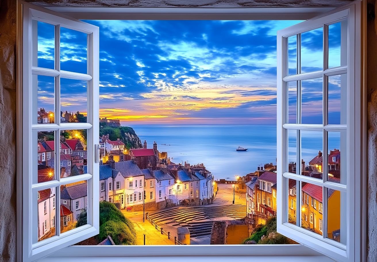 Moohue Night City Outside The Window Needlepoint Kits 14Ct Counted Cross Stitch Kits Stamped For Adults Night City Cross Stitch Patterns Printed Cross Stitch Kits (Night City Outside The Window)