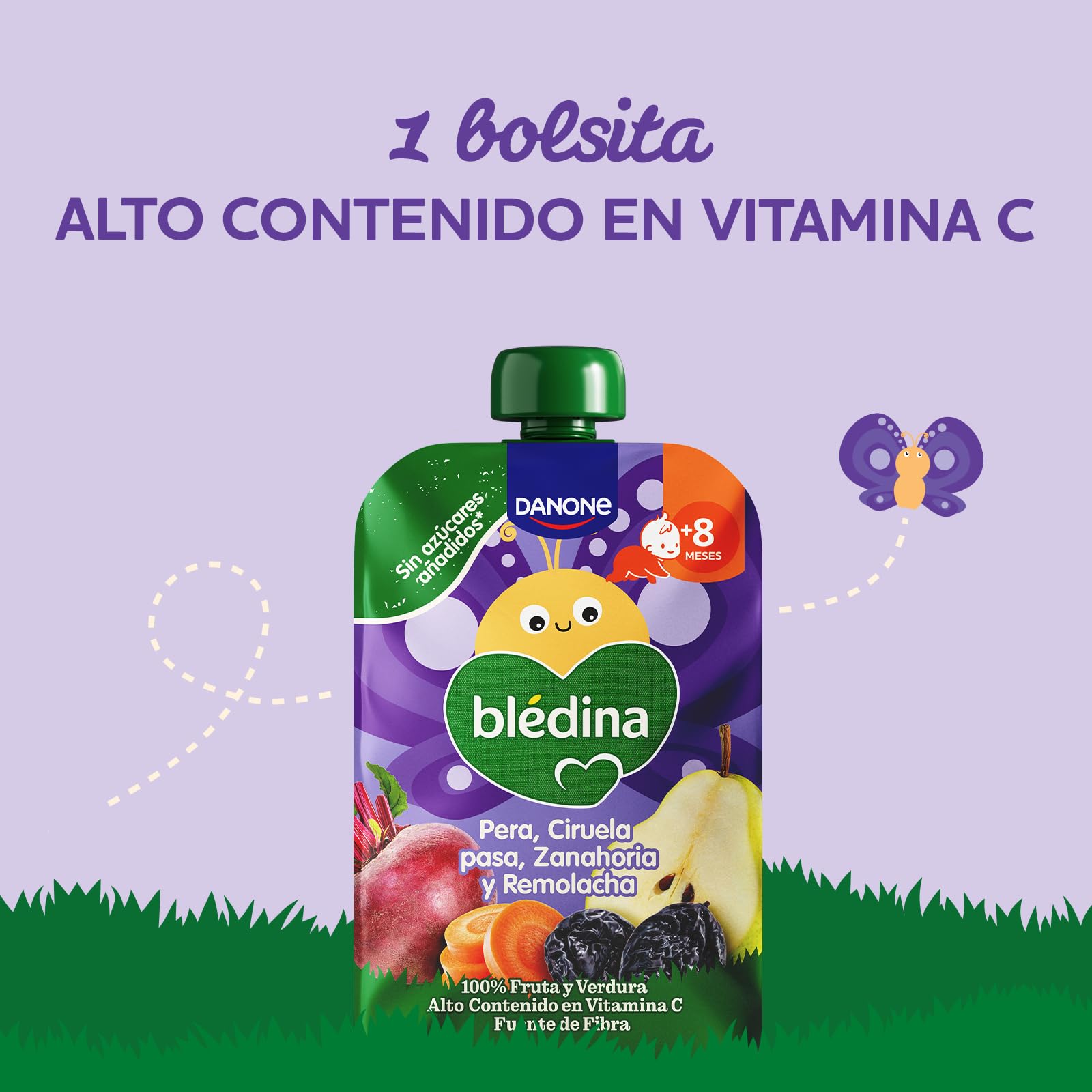 Blédina Bolsitas de Pera, Ciruela pasa, Zanahoria y Remolacha para Bebé Pouch 100% Fruta y Verdura Sin Azúcar Añadido Alto Contenido Vitamina C Fuente de Fibra Pack 6x100g