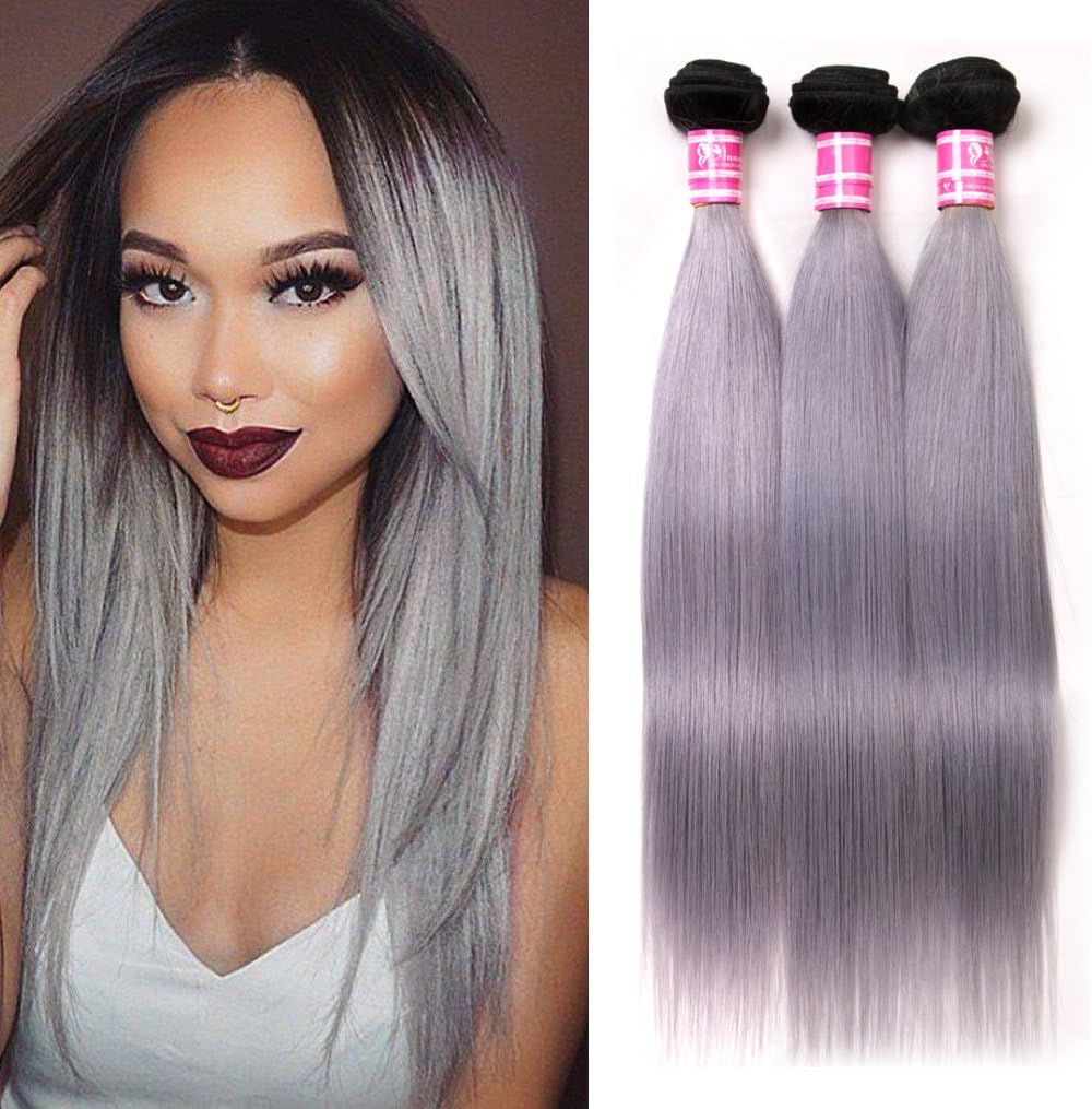 ANNMODE Ombre Brazilian Silky Straight Grey Hair Weaving Black to Silver Grey Ombre Weave Full Head Real Remy Human Hair Weave 3 Bundles Ombre Extensions Straight Brazilian Hair 12 14 16inch