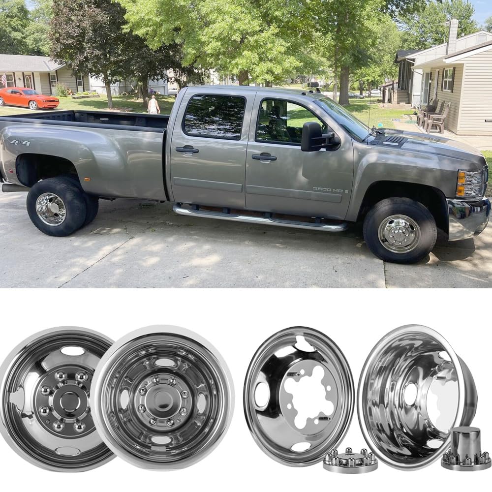 PUERMTO 4X 16 Screw On Wheel Simulators Compatible with 2001-2007 Chevy GMC 3500 Truck 2003-2021 G3500/G30 Van, 8 Lug Front Rear Dually Hub Caps Skins Liners Rim Covers Stainless Steel Polished 608GV