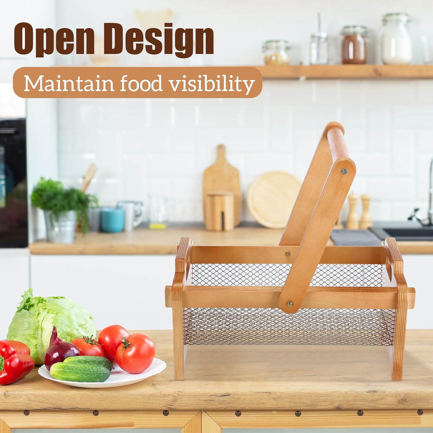 Maxdot Gardening Harvest Basket 13.99" x 7.09 x 9.06 Stackable Garden Hod Basket with Rotating Wood Handle, Wire Mesh for Vegetable Fruits Gathering Gift for Gardener Farmhouse Decoration