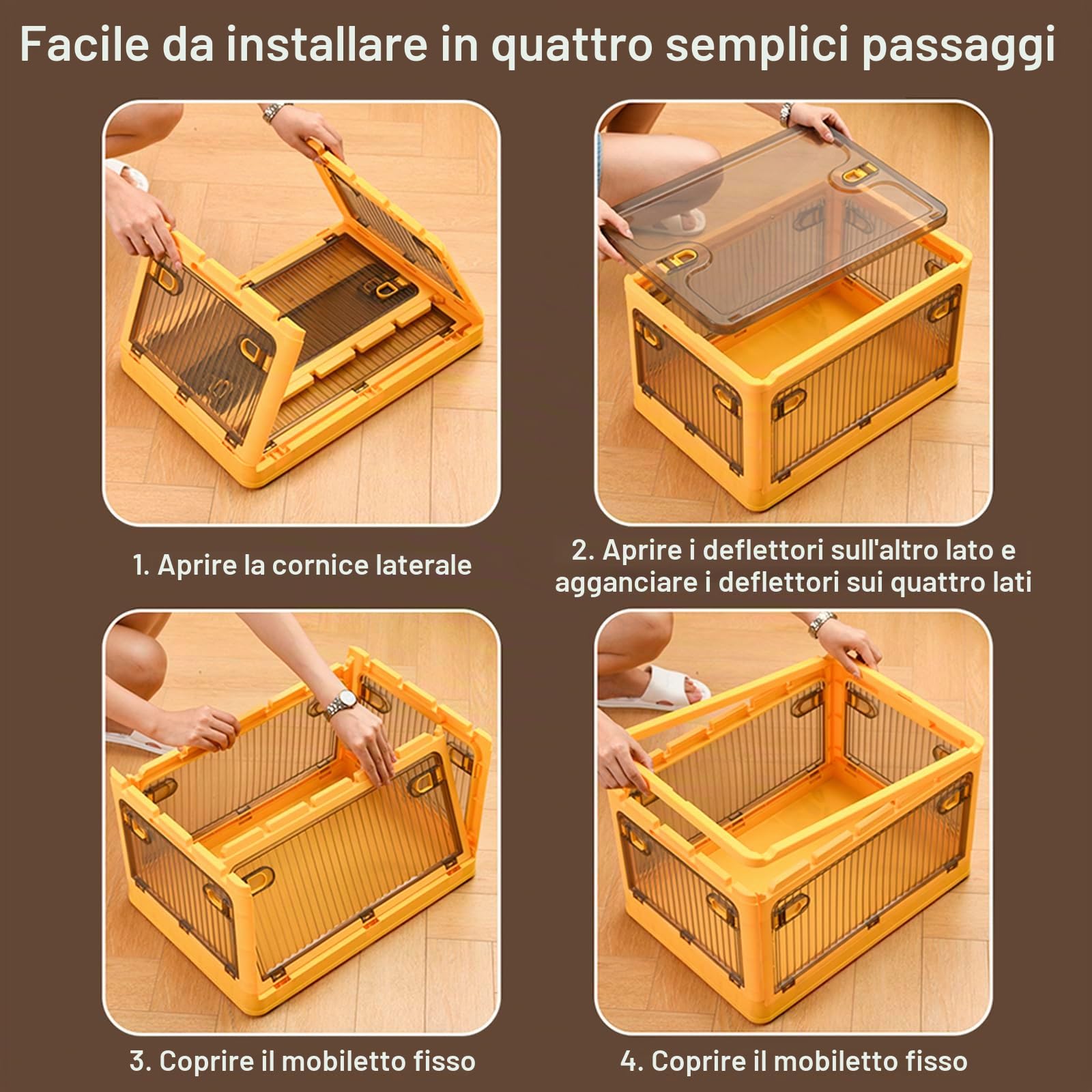 Creahaus Set di scatole portaoggetti in 2 pezzi con coperchio, scatola portaoggetti impilabile da 28 litri con ruote, scatola portaoggetti pieghevole a 5 ante, organizer per giocattoli (Giallo)