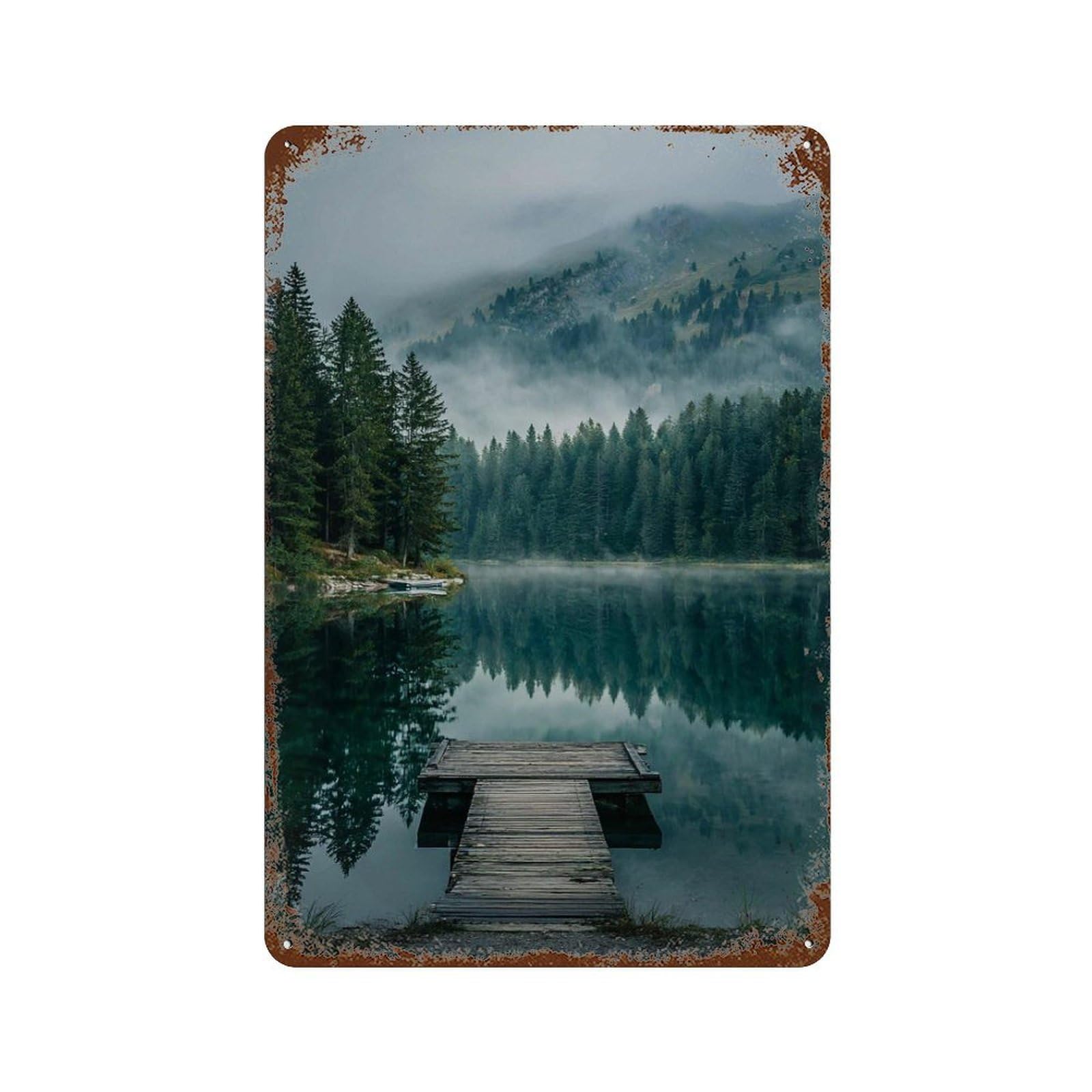 xiaoxiaoshen Misty Lake Nature Landscape Tranquil Forest And Mountain Scenic Outdoor Photogra Wall Decor Art Metal Tin Poster Modern Home Decor Art Home Bar Shop Decorations Vintage Sign 30x20cm