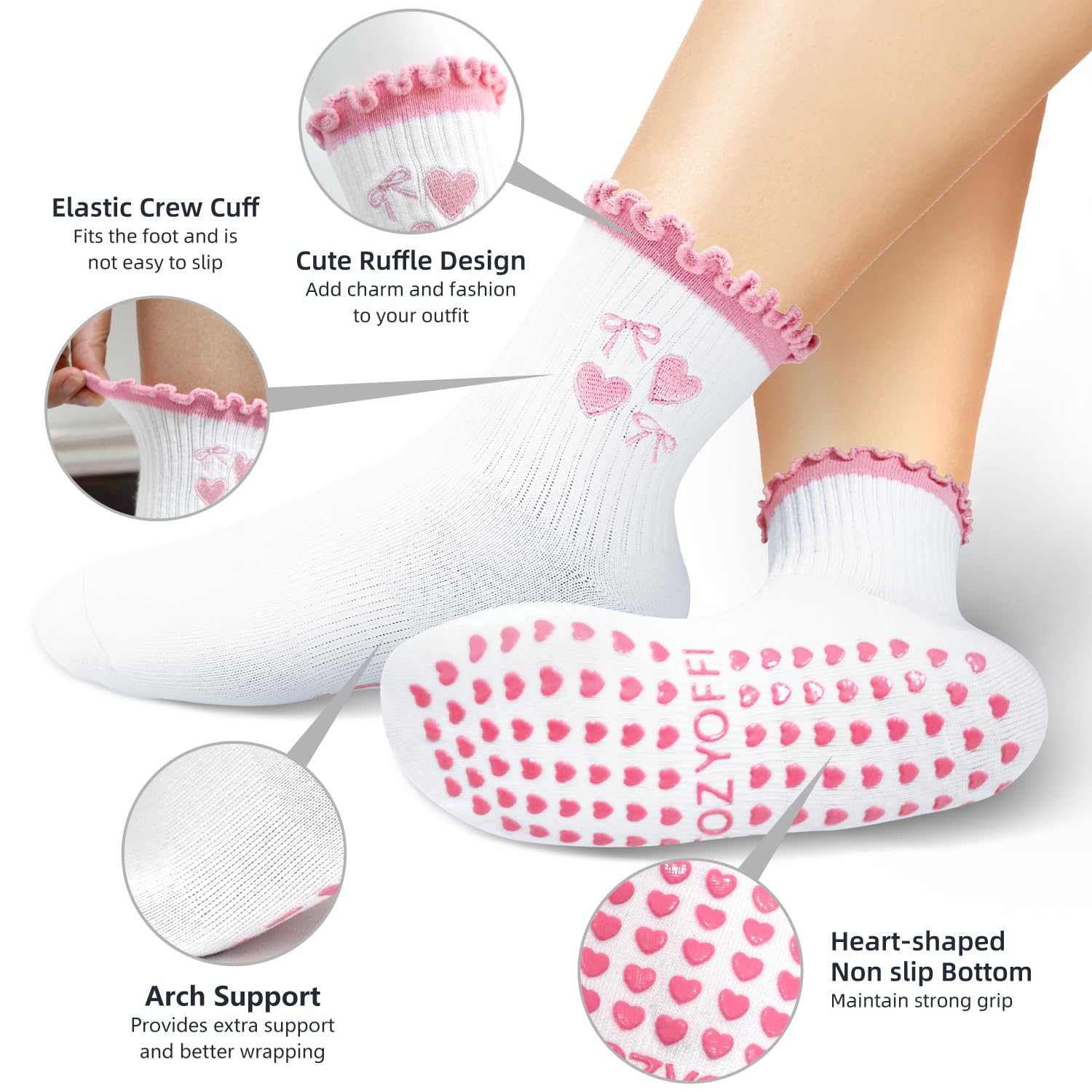 COZYOFFI Non Slip Pilates Socks: 3 Pairs Crew Cotton Ruffle Grip Socks for Women Brown