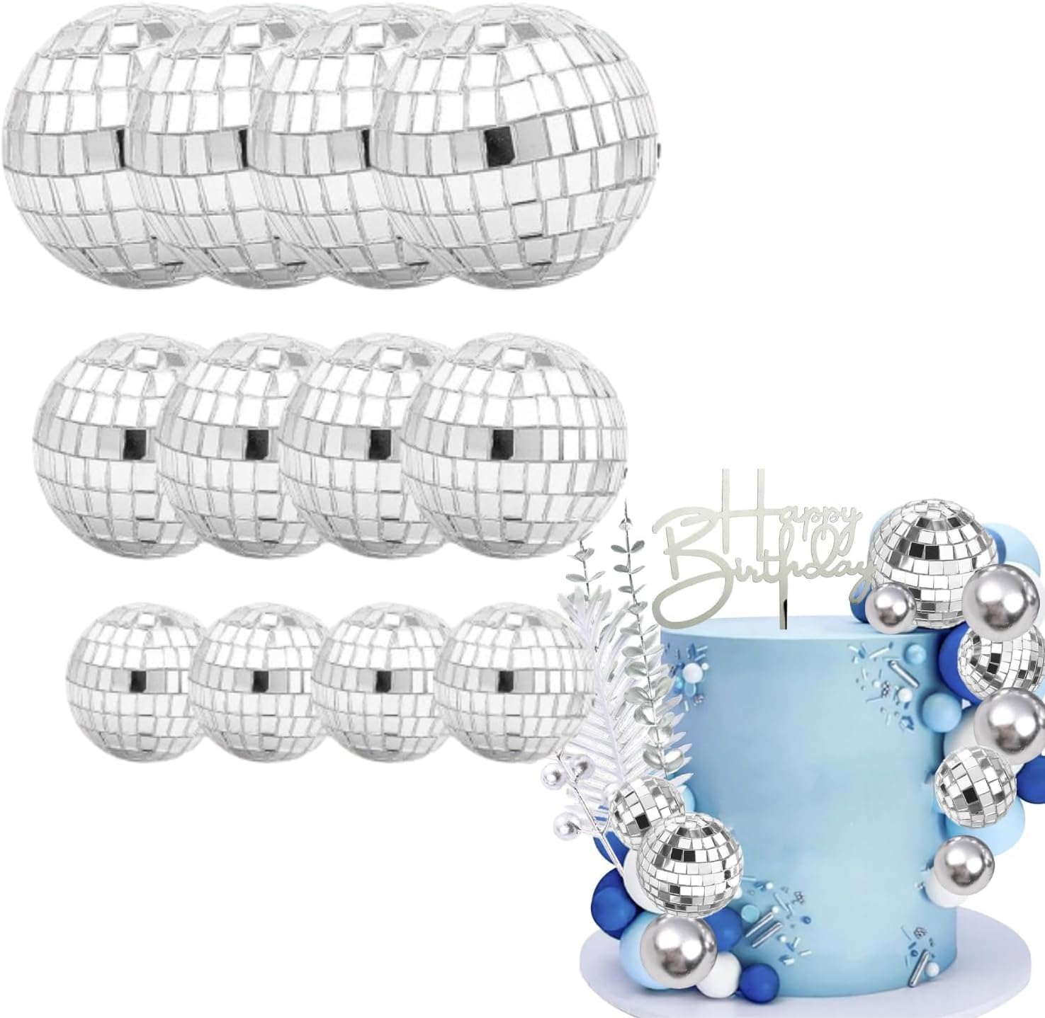 Disco Ball Cake Decorations - 12-Pack Mini Reflective Disco Balls, Perfect for Cake Toppers Party Decorations, and Celebrations