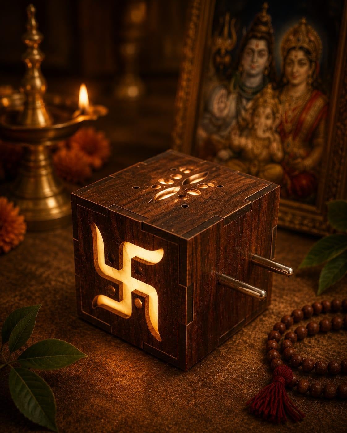 Handcrafted Wooden Swastika Plug-in Night Light Divine Pooja Room Decor | Carved Wood Design, Warm Glow-image-15